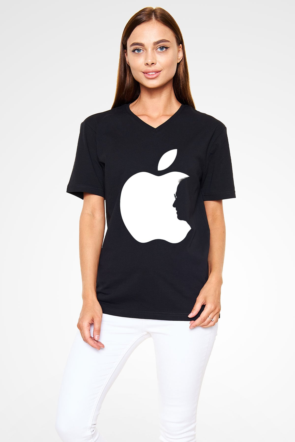 Steve Jobs Siyah Unisex V Yaka Tişört T-Shirt