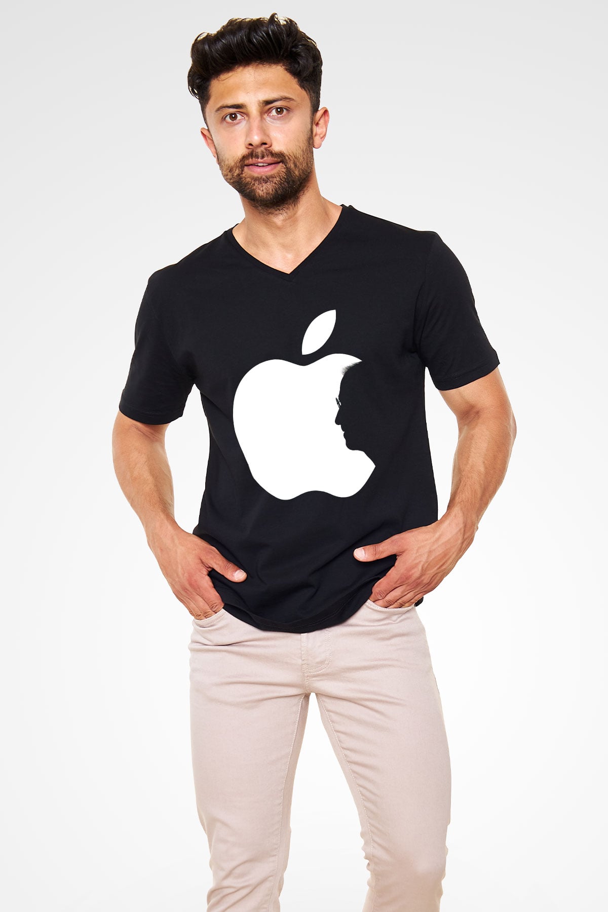 Steve Jobs Siyah Unisex V Yaka Tişört T-Shirt