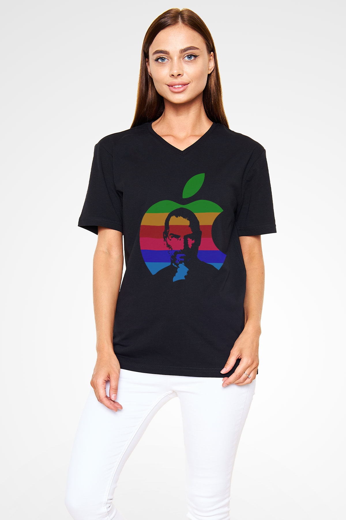 Steve Jobs Siyah Unisex V Yaka Tişört