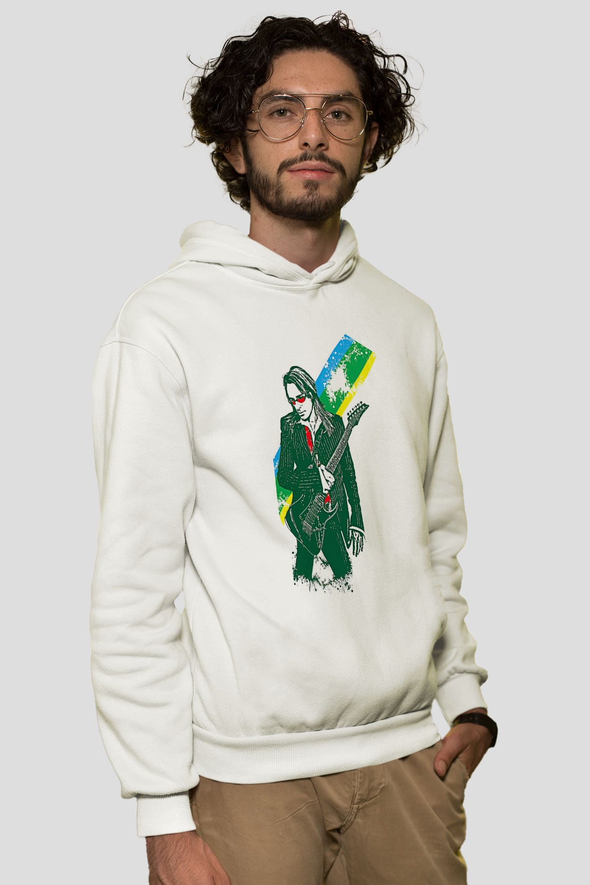 Steve Vai Baskılı Beyaz Unisex Kapüşonlu Sweatshirt