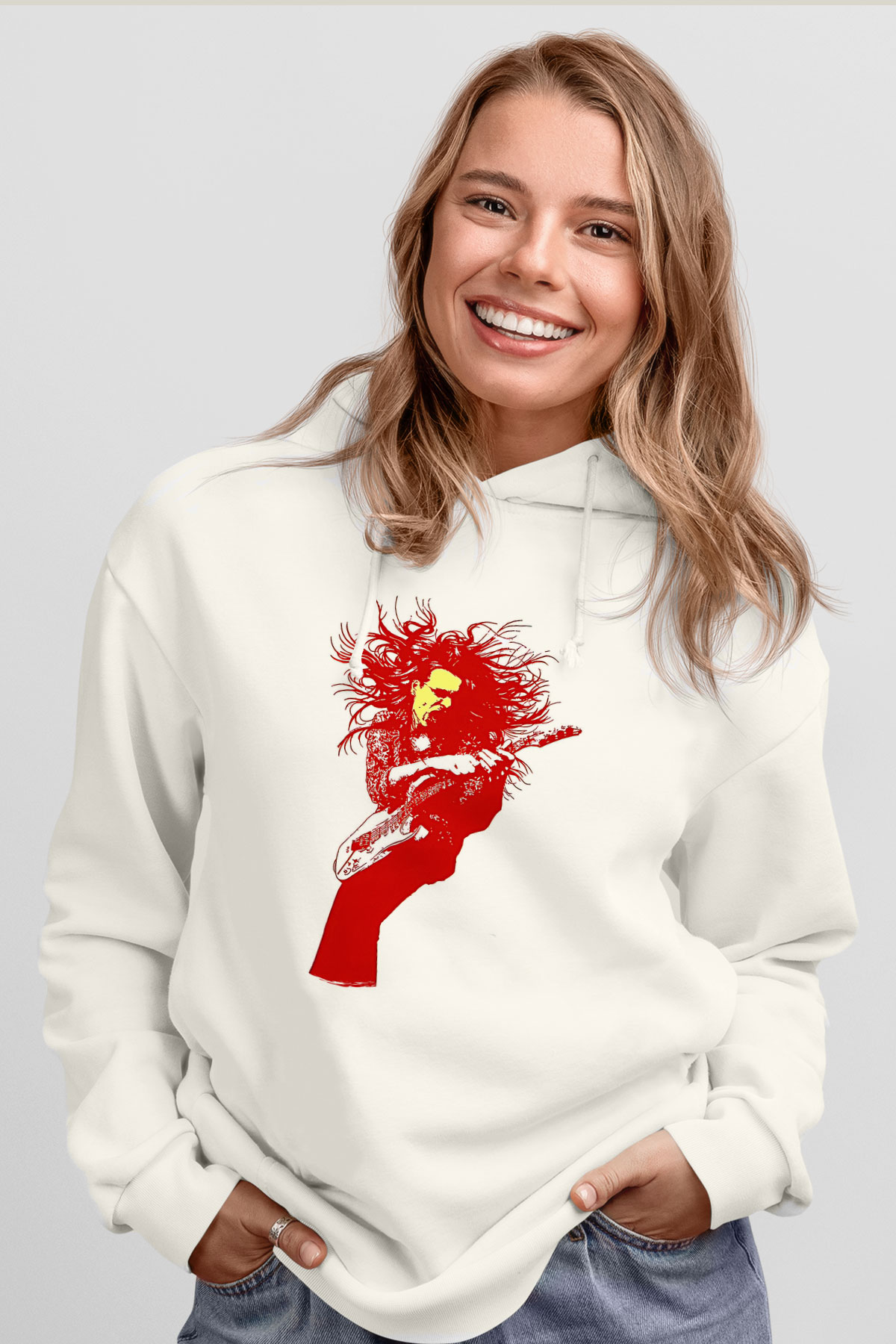 Steve Vai Baskılı Beyaz Unisex Kapüşonlu Sweatshirt