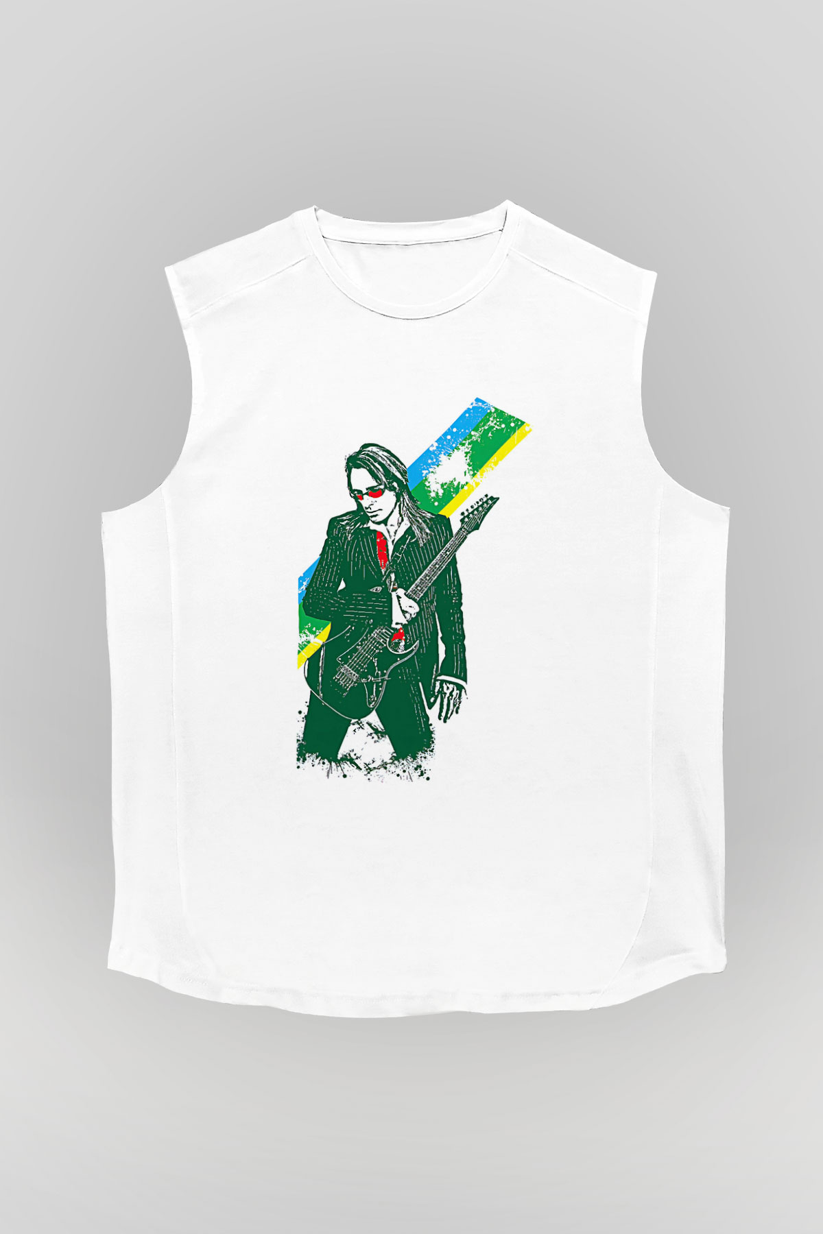 Steve Vai Baskılı Beyaz Unisex Kolsuz Tişört - Tshirt