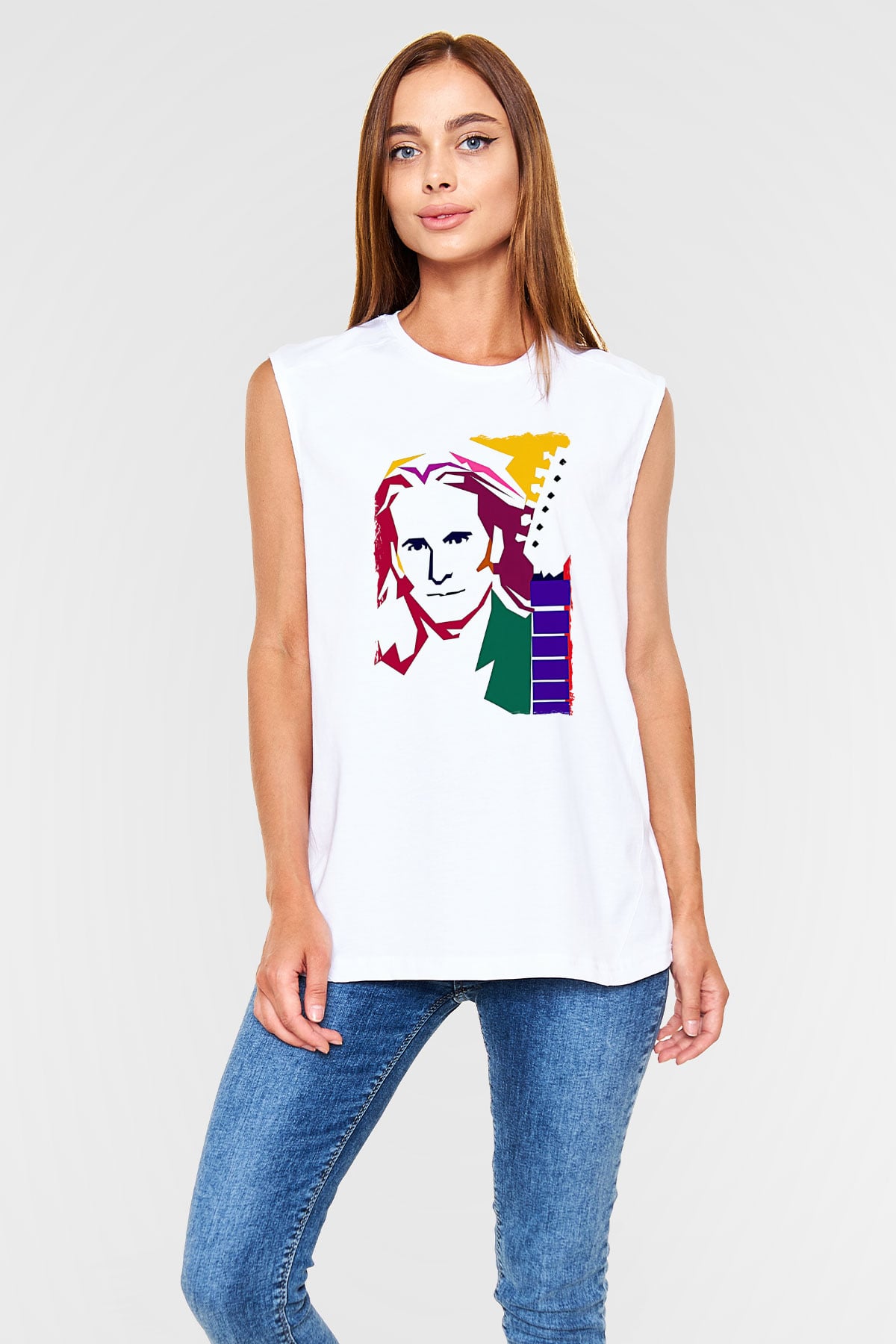Steve Vai Baskılı Beyaz Unisex Kolsuz Tişört - Tshirt