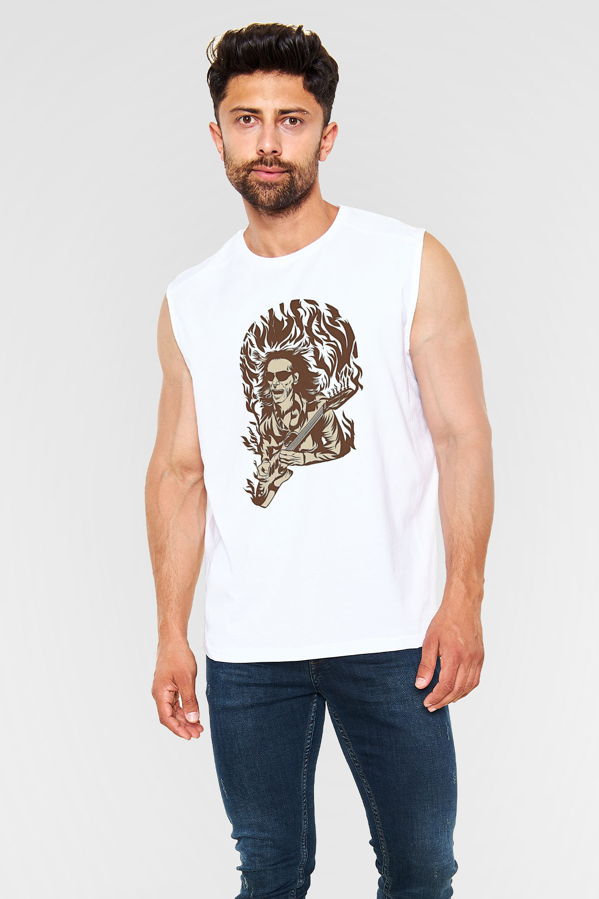 Steve Vai Baskılı Beyaz Unisex Kolsuz Tişört - Tshirt