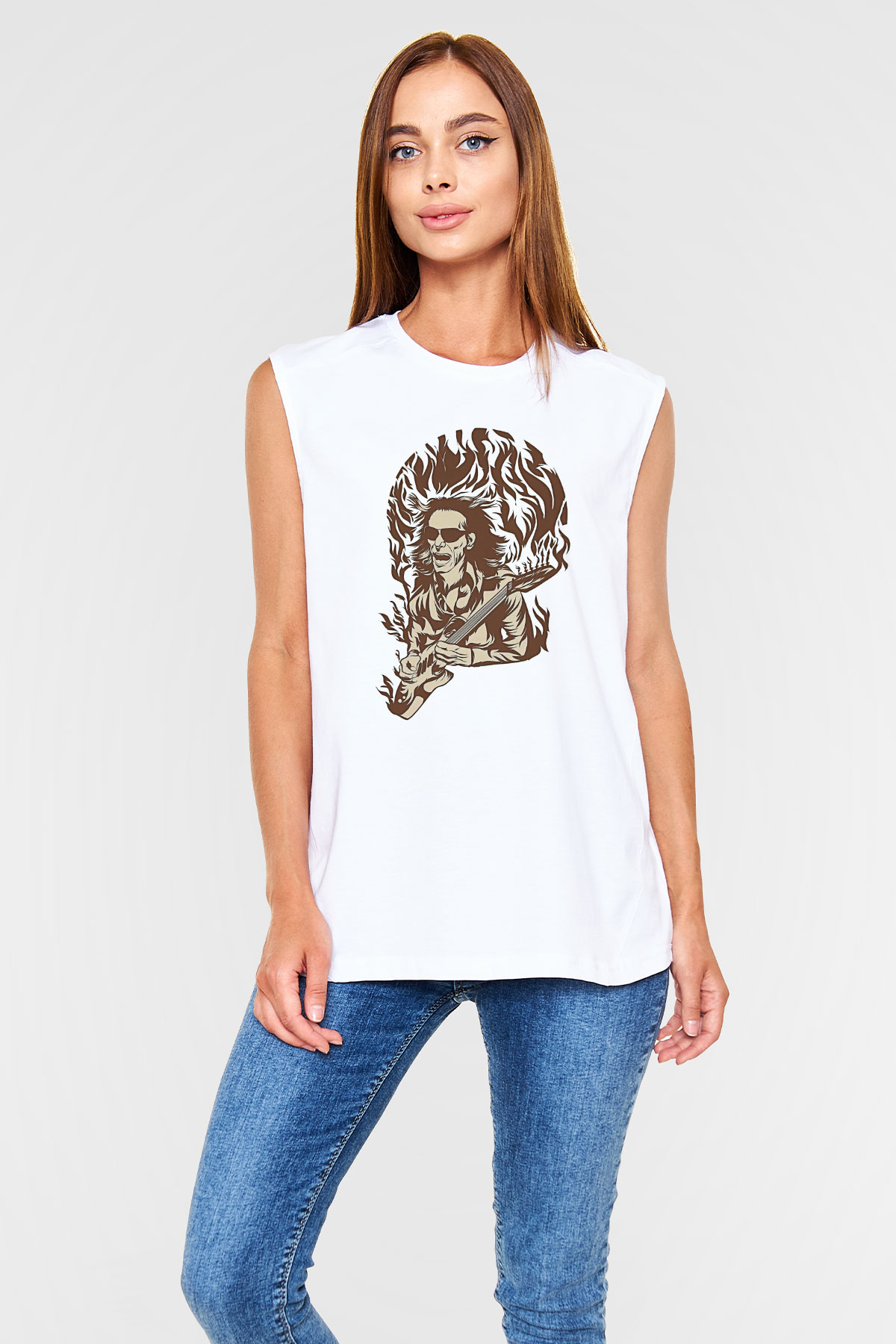 Steve Vai Baskılı Beyaz Unisex Kolsuz Tişört - Tshirt