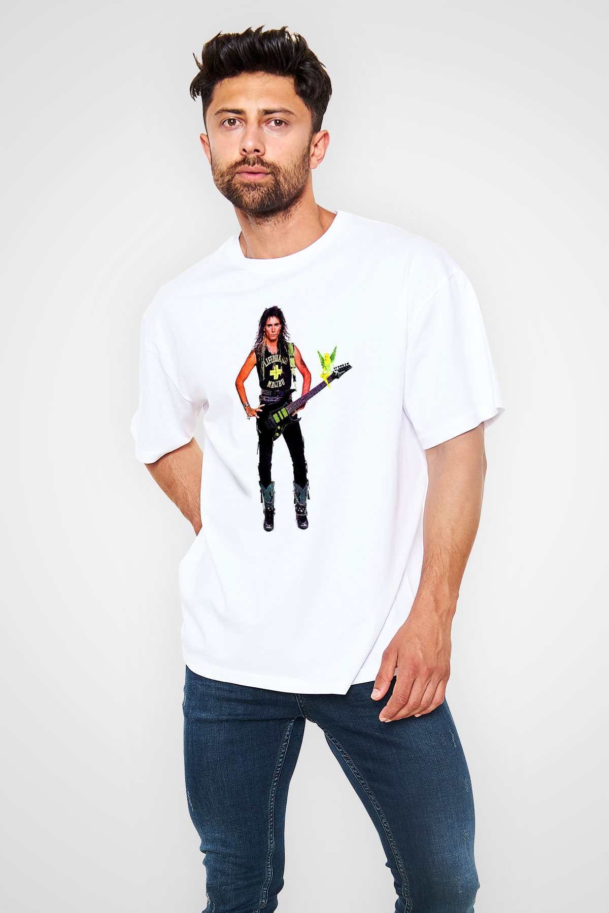 Steve Vai Baskılı Beyaz Unisex Oversize Tişört - Tshirt