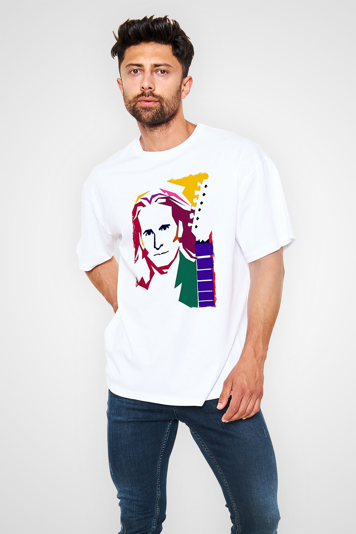 Steve Vai Baskılı Beyaz Unisex Oversize Tişört - Tshirt