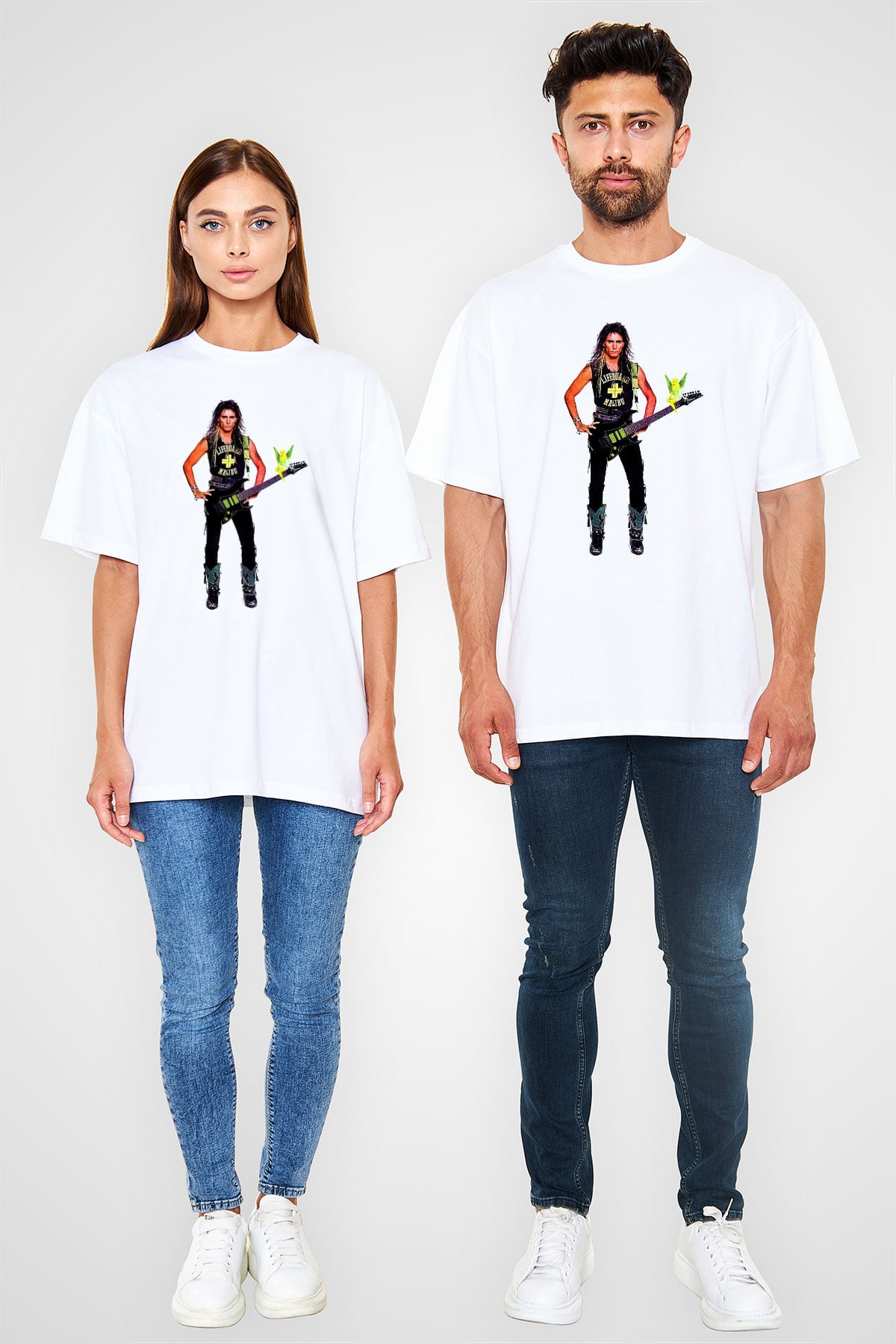 Steve Vai Baskılı Beyaz Unisex Oversize Tişört - Tshirt