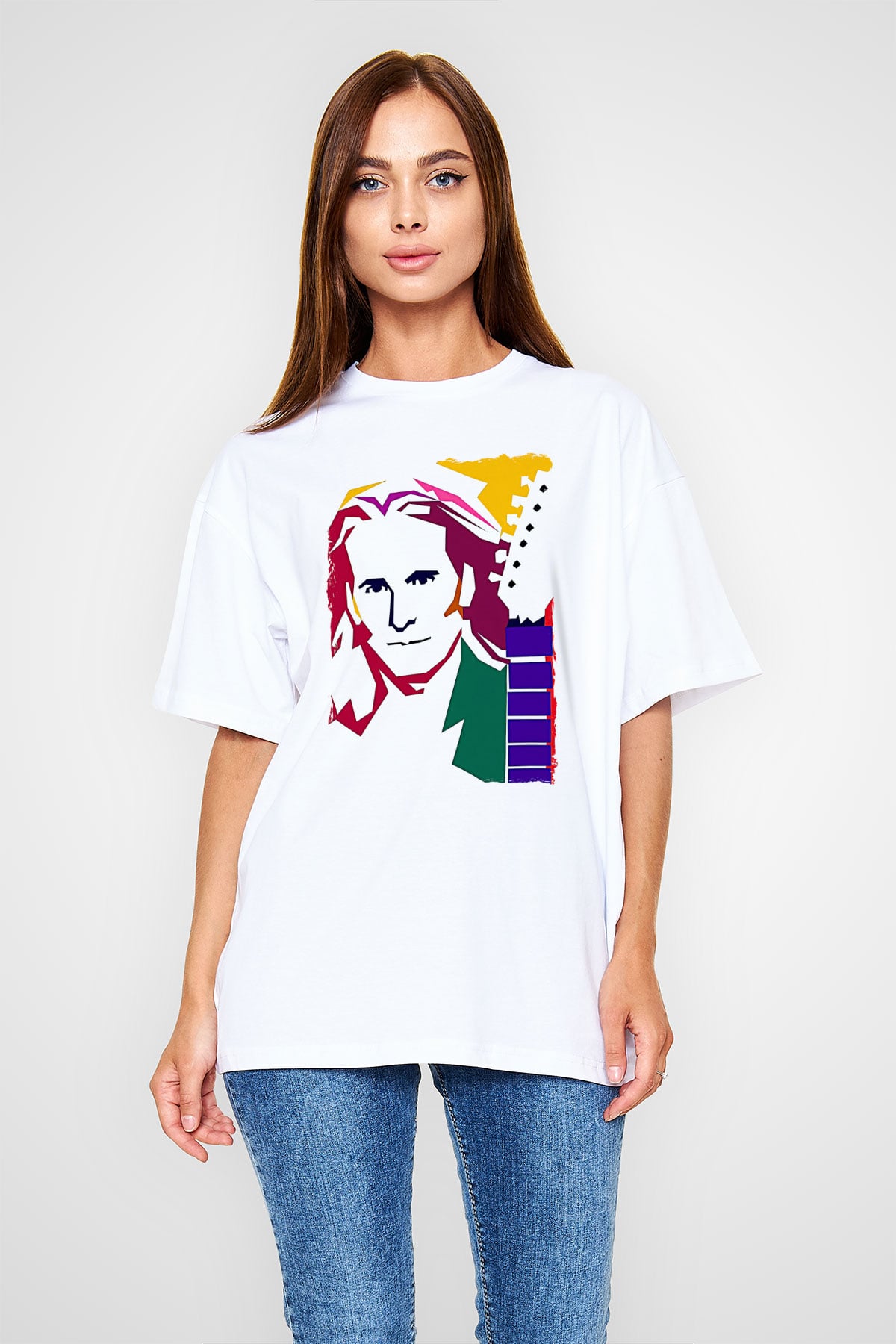 Steve Vai Baskılı Beyaz Unisex Oversize Tişört - Tshirt