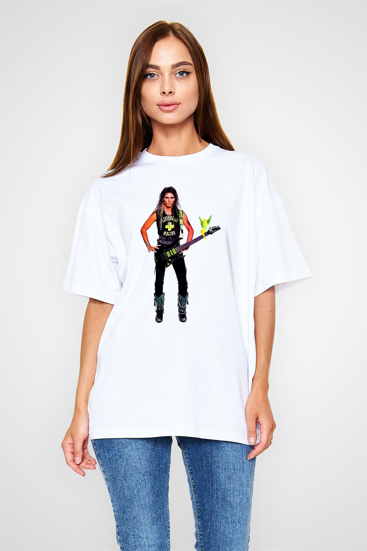 Steve Vai Baskılı Beyaz Unisex Oversize Tişört - Tshirt