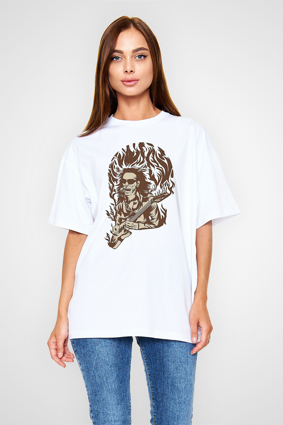 Steve Vai Baskılı Beyaz Unisex Oversize Tişört - Tshirt