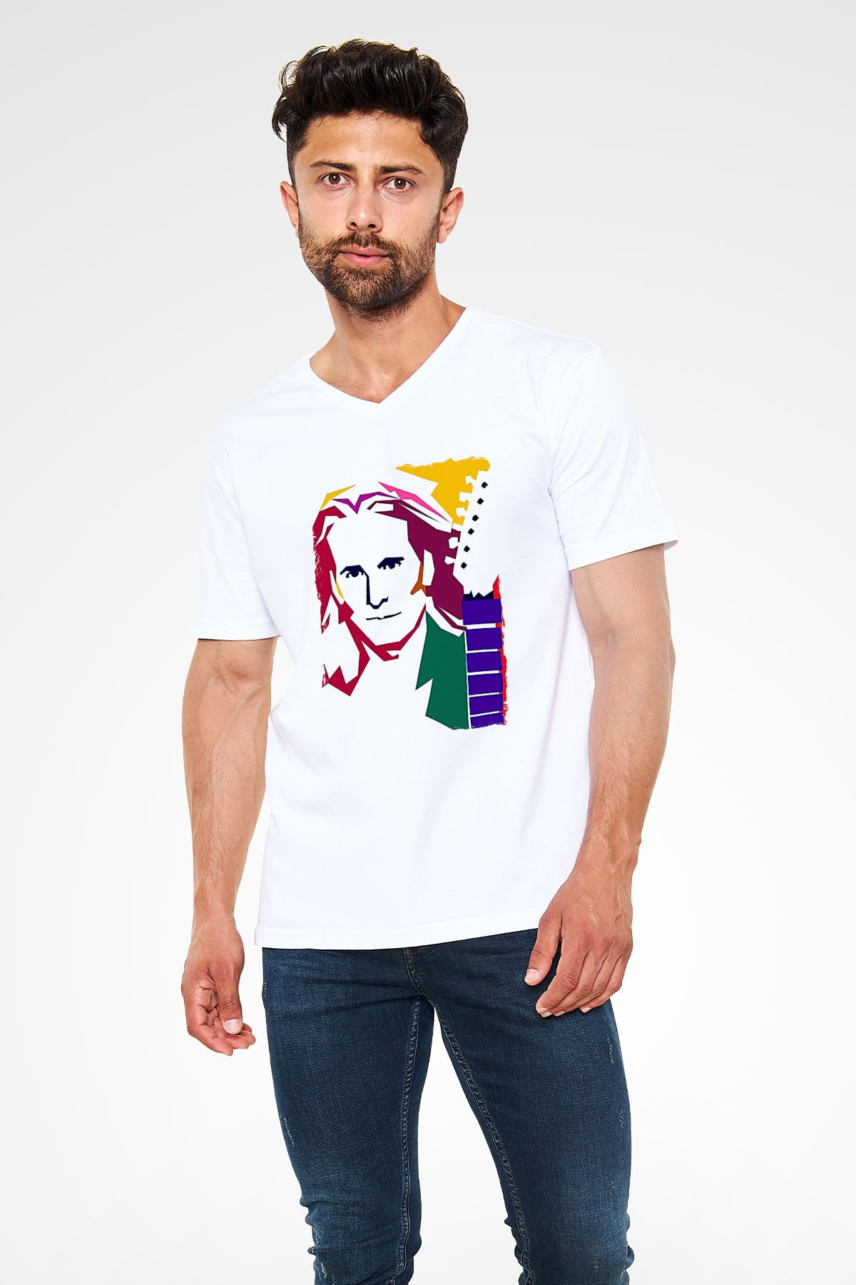 Steve Vai Baskılı Beyaz Unisex V Yaka Tişört - Tshirt