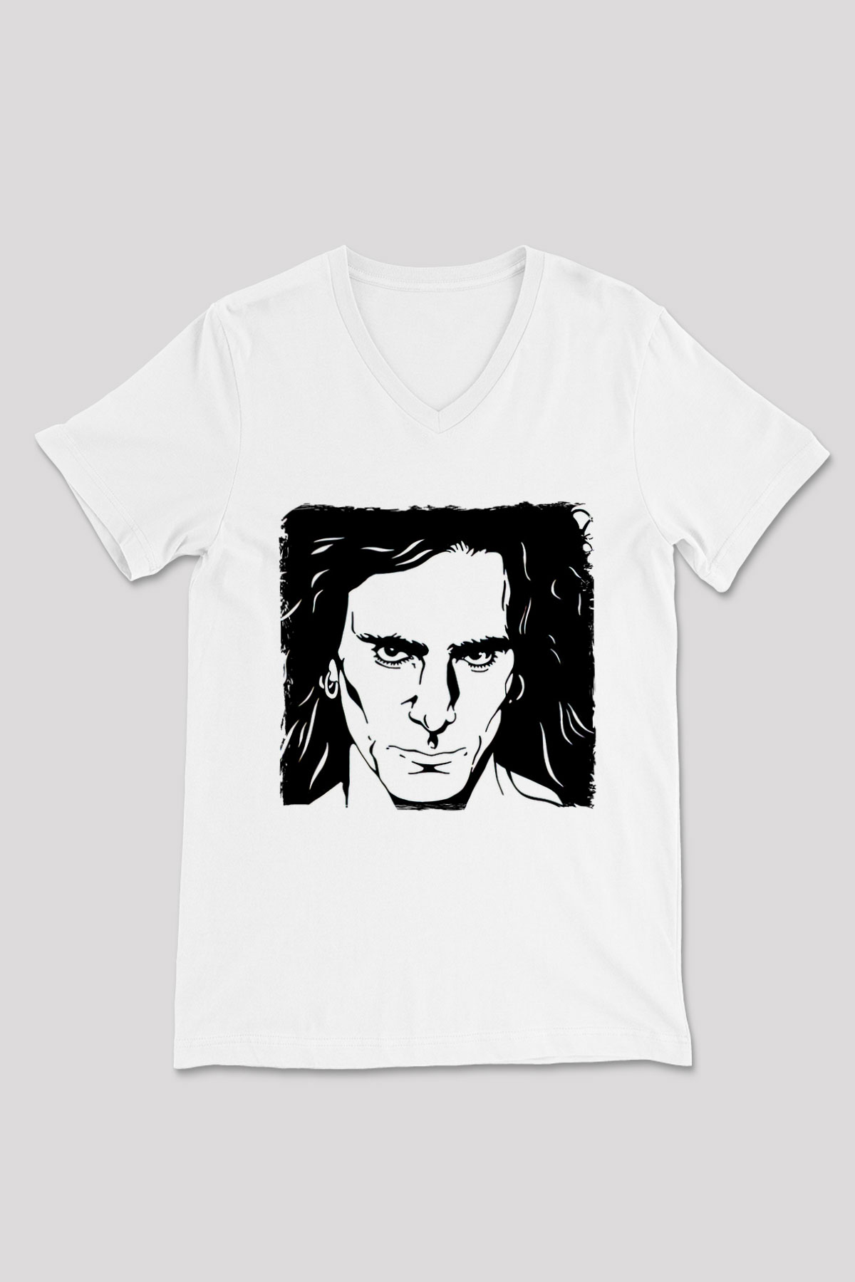 Steve Vai Baskılı Beyaz Unisex V Yaka Tişört - Tshirt