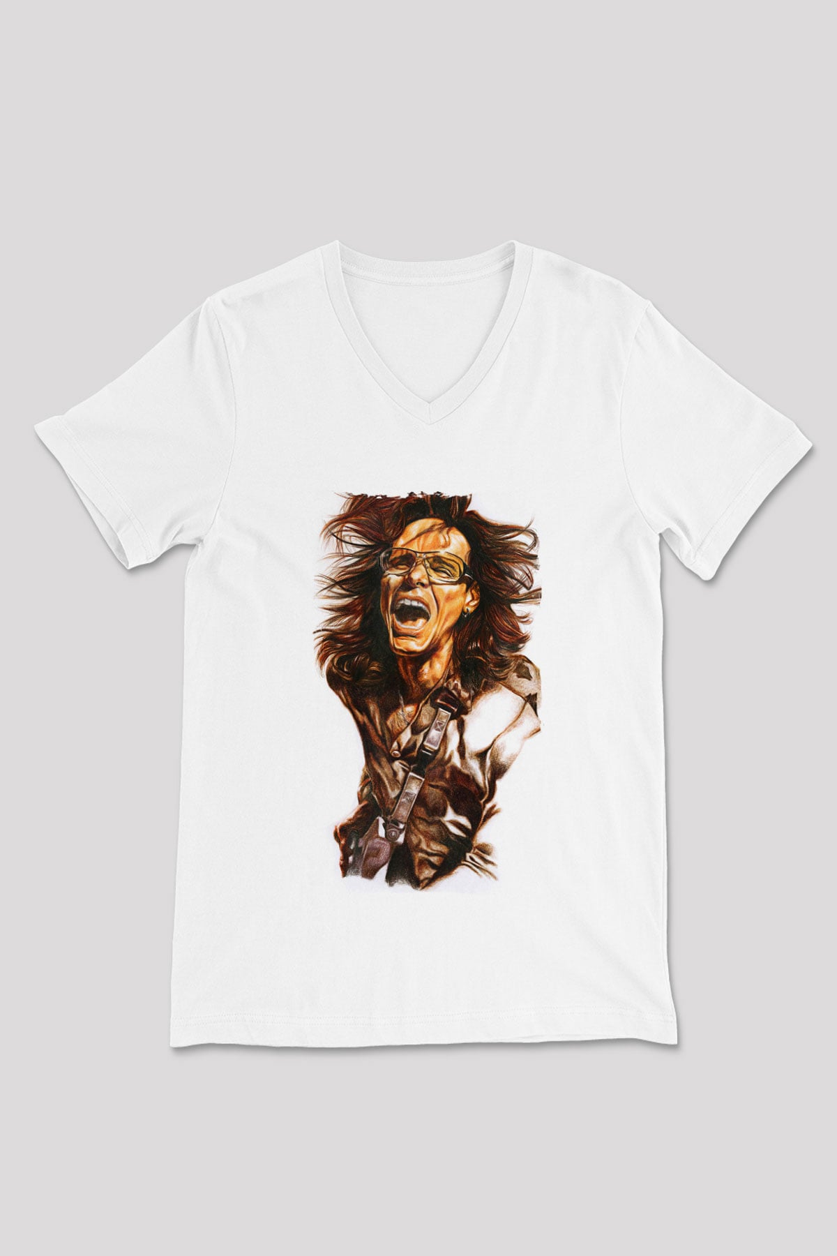 Steve Vai Baskılı Beyaz Unisex V Yaka Tişört - Tshirt