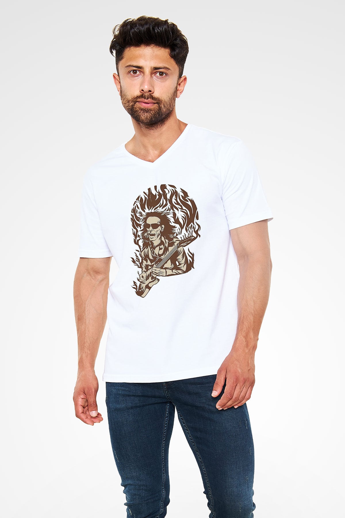 Steve Vai Baskılı Beyaz Unisex V Yaka Tişört - Tshirt