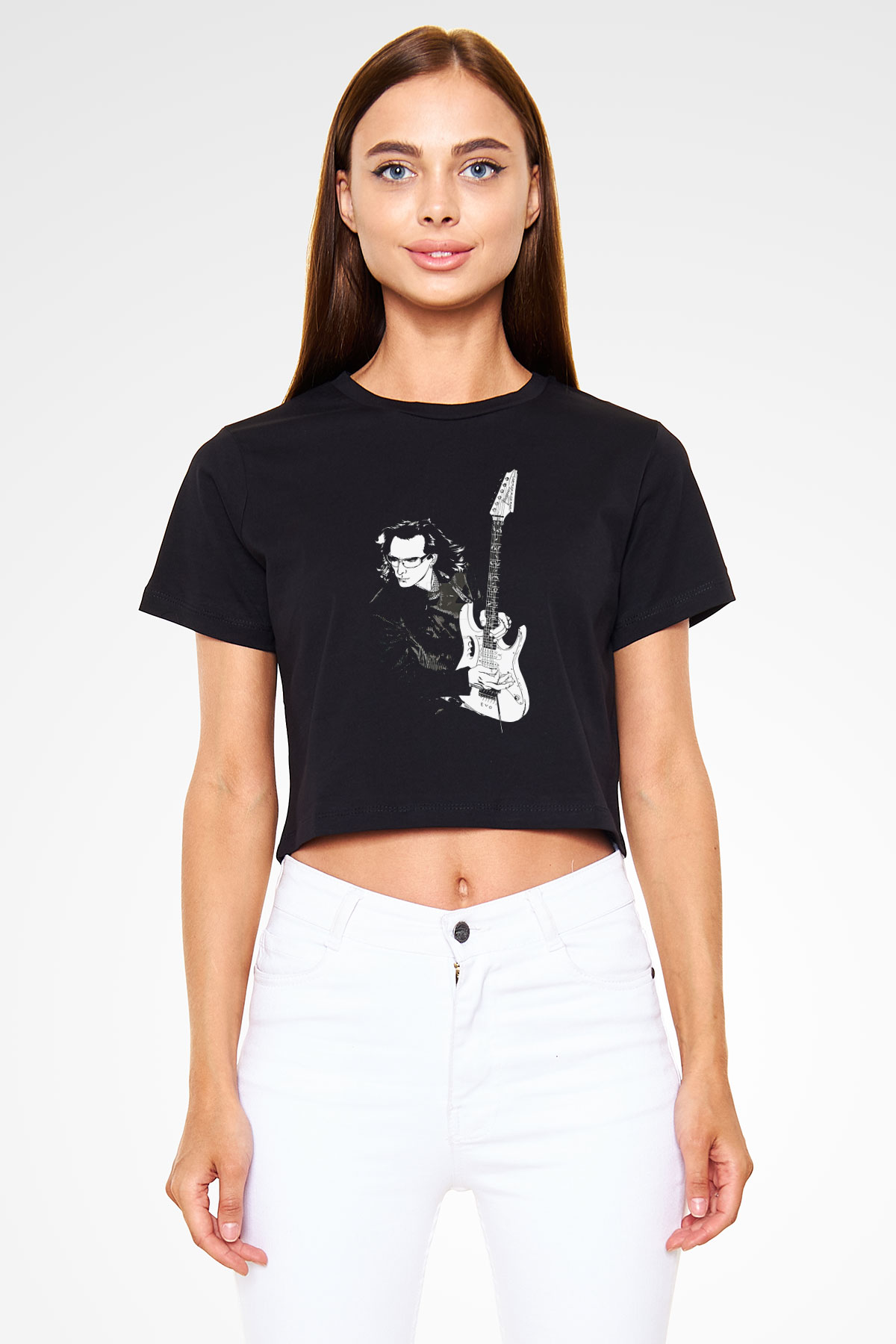 Steve Vai Baskılı Siyah Crop Top Kadın Tişört - Tshirt