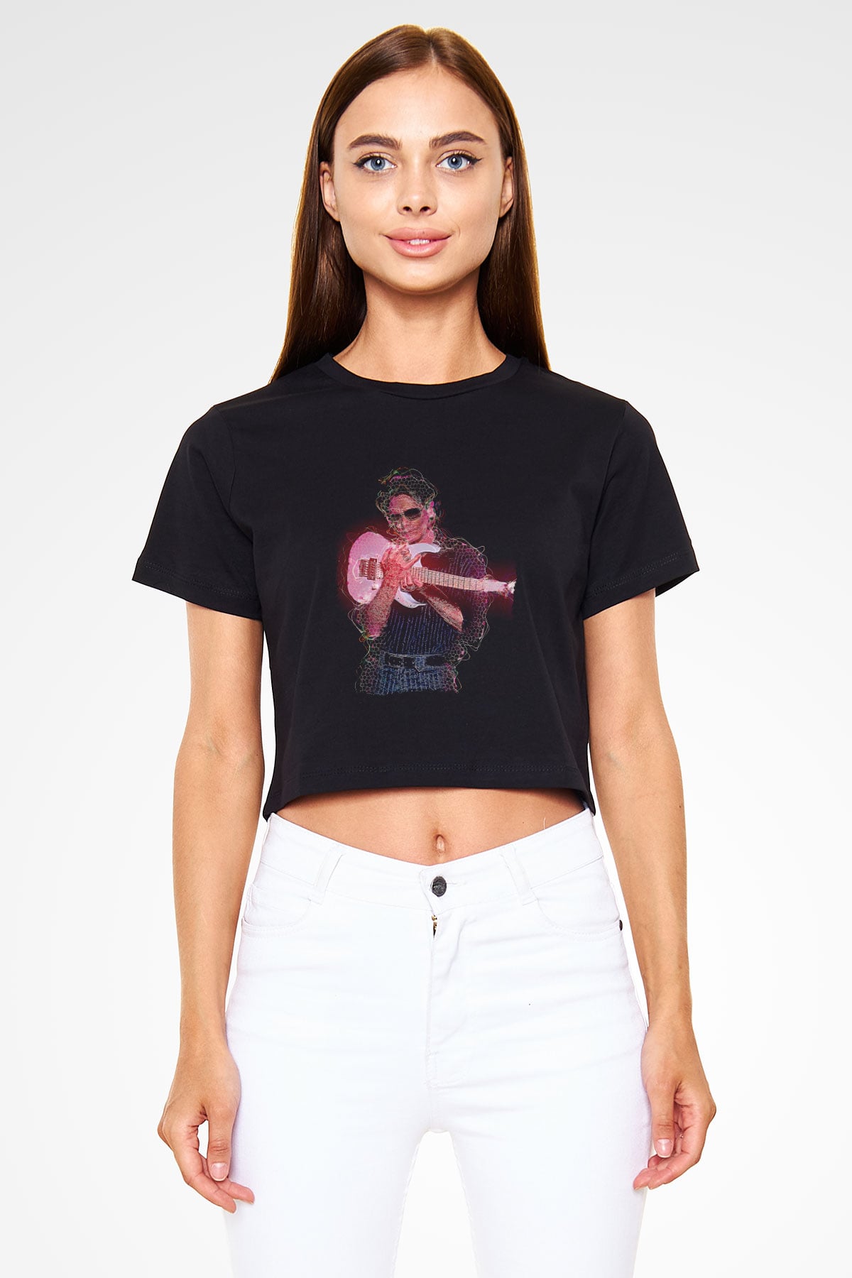Steve Vai Baskılı Siyah Crop Top Kadın Tişört - Tshirt