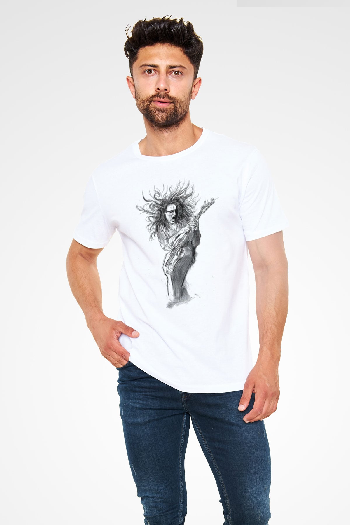 Steve Vai Baskılı Unisex Beyaz Tişört - Tshirt