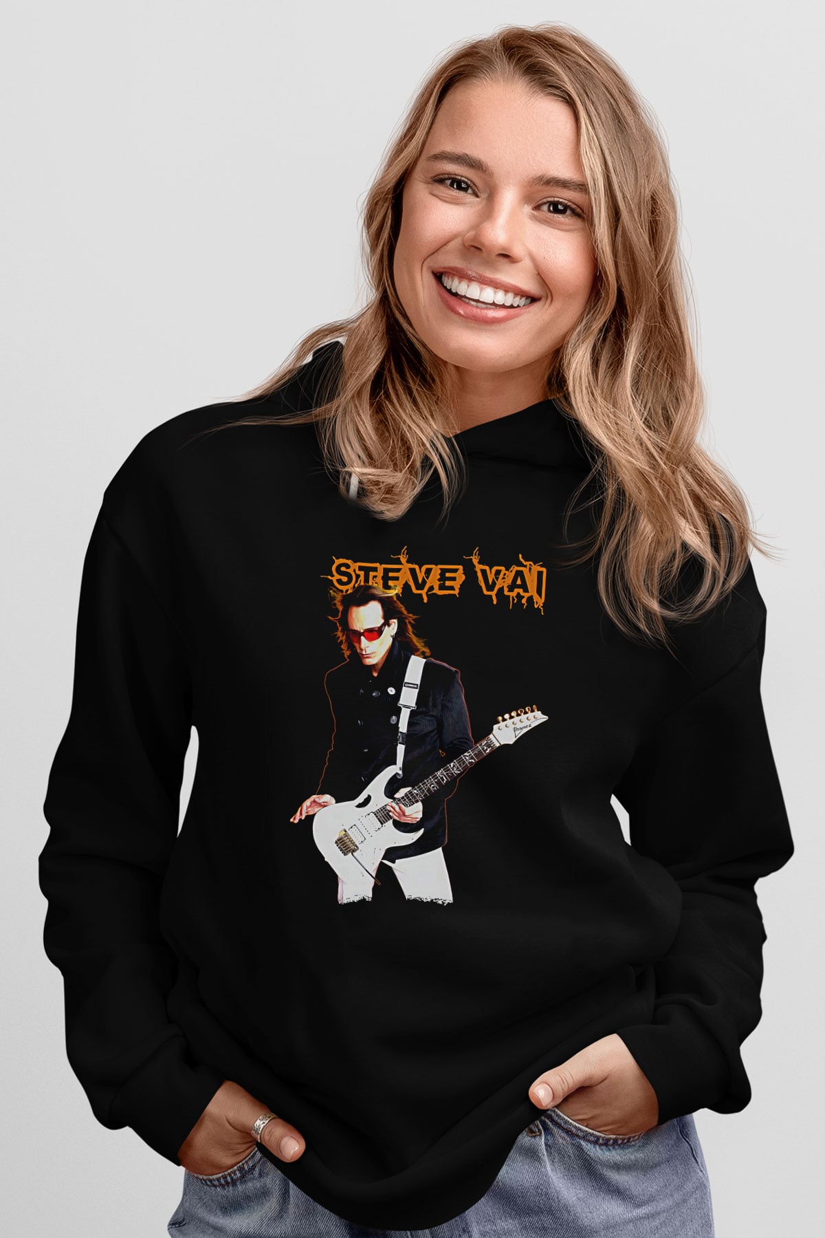 Steve Vai Baskılı Unisex Siyah Kapüşonlu Sweatshirt