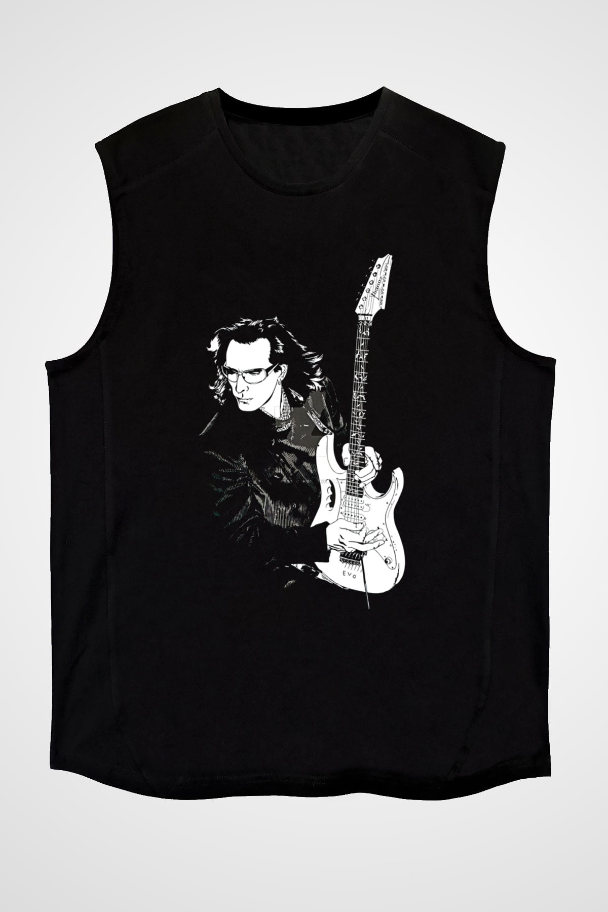 Steve Vai Baskılı Unisex Siyah Kolsuz Tişört - Tshirt