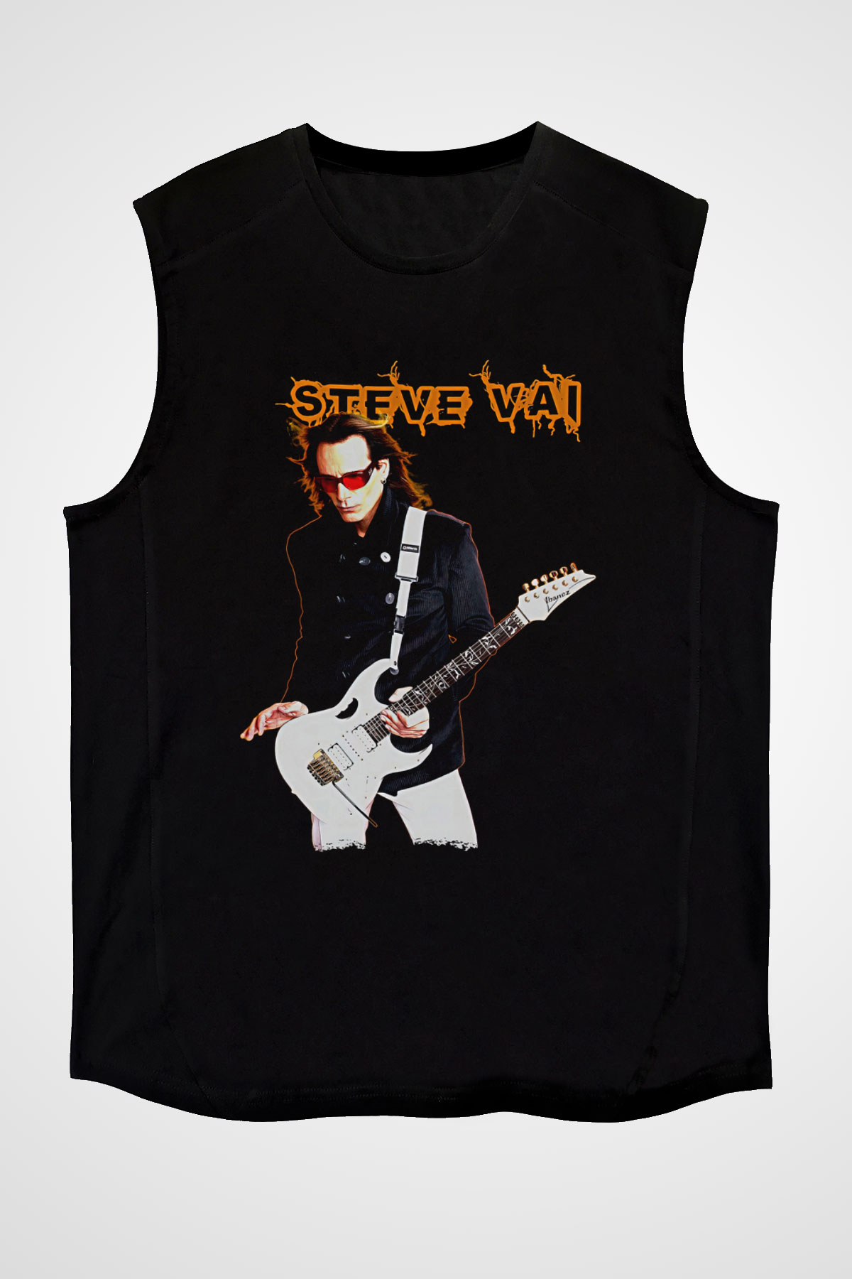 Steve Vai Baskılı Unisex Siyah Kolsuz Tişört - Tshirt