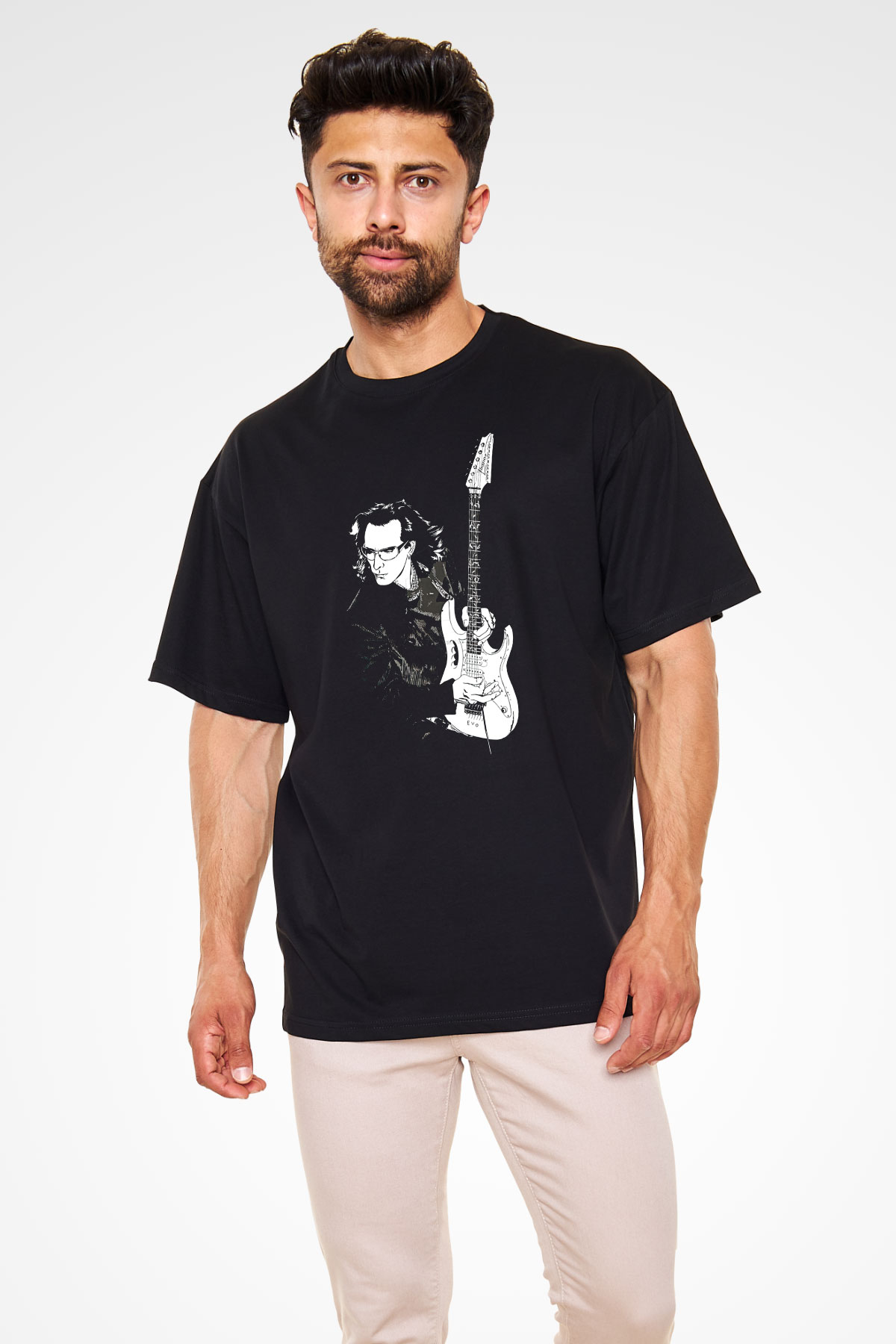 Steve Vai Baskılı Unisex Siyah Oversize Tişört - Tshirt