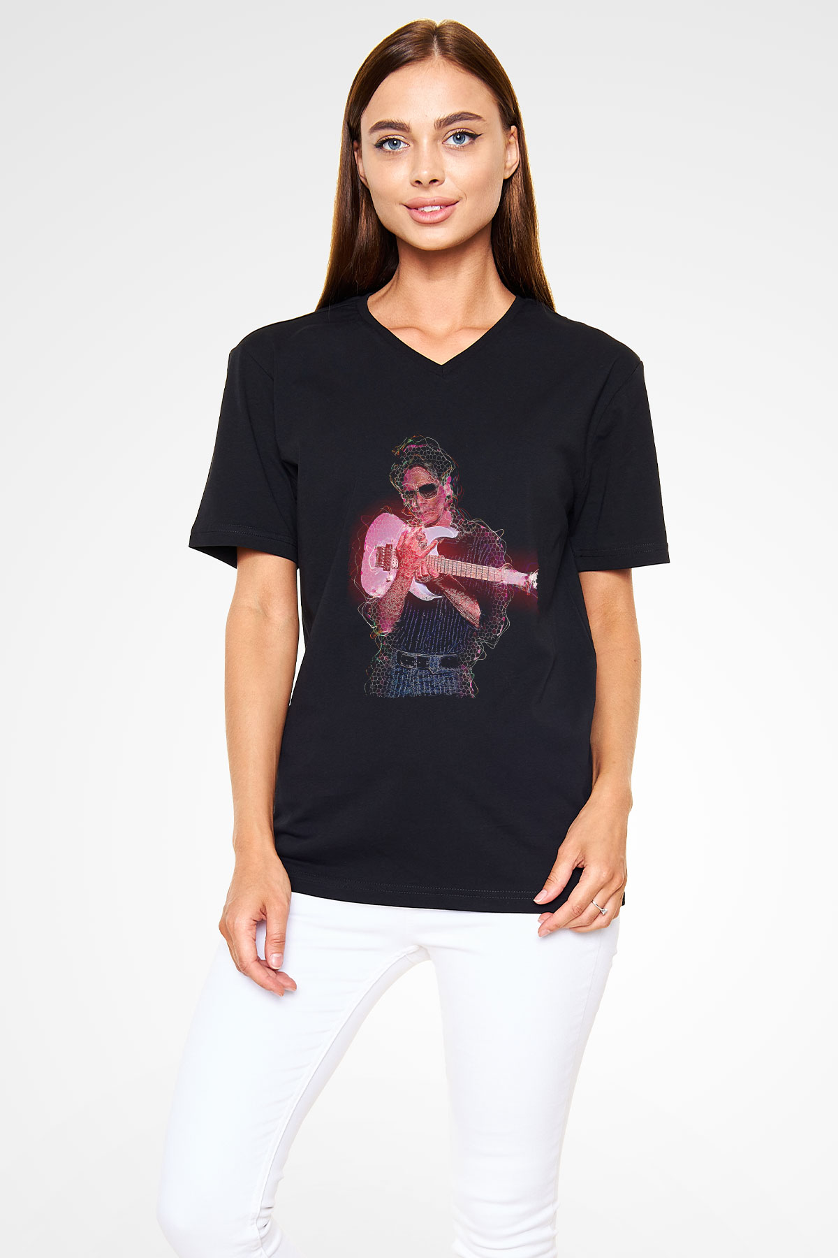 Steve Vai Baskılı Unisex Siyah V Yaka Tişört - Tshirt