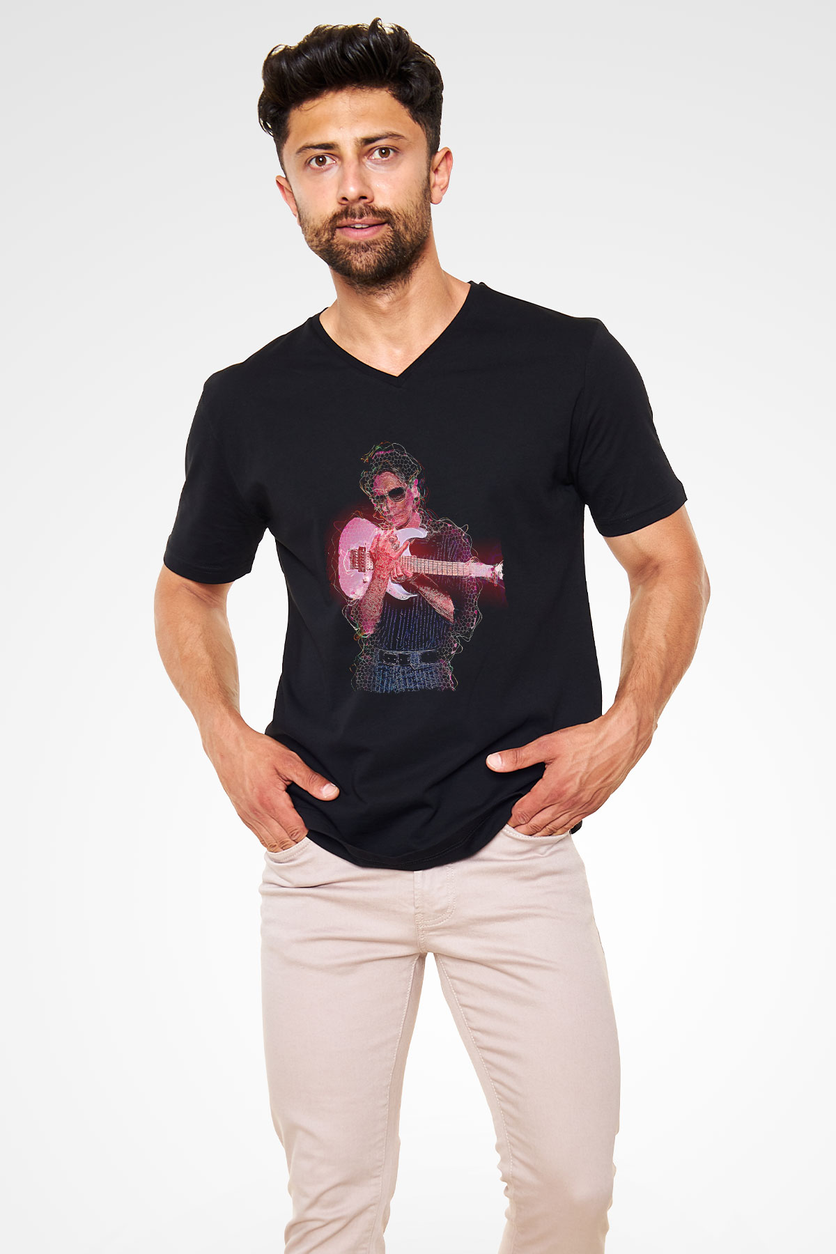 Steve Vai Baskılı Unisex Siyah V Yaka Tişört - Tshirt