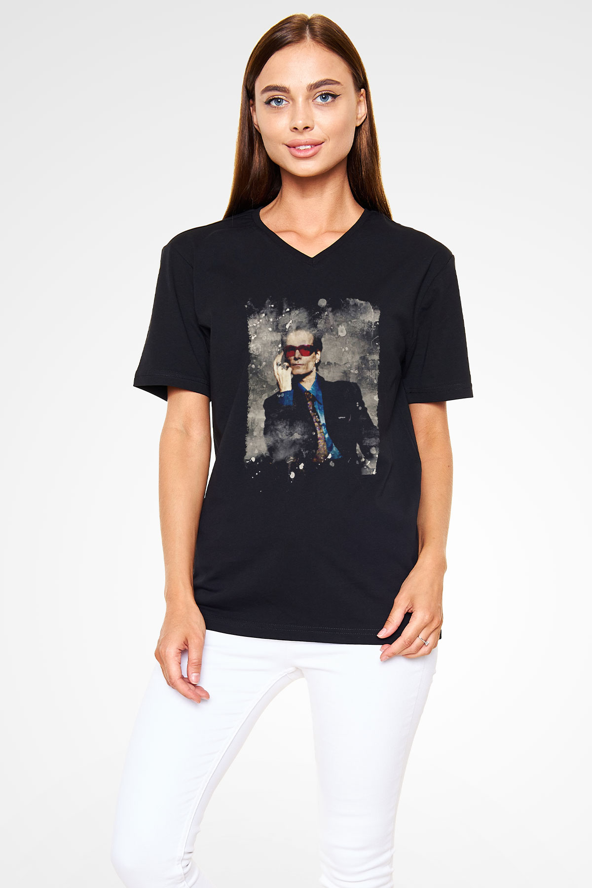 Steve Vai Baskılı Unisex Siyah V Yaka Tişört - Tshirt