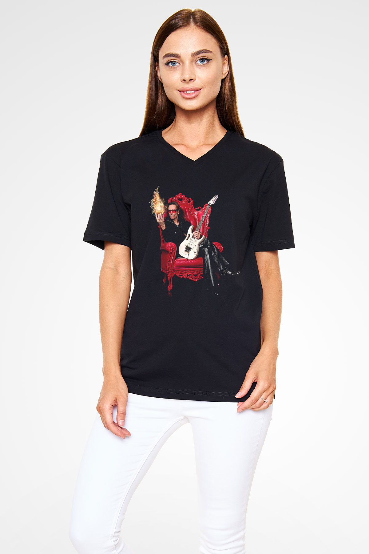 Steve Vai Baskılı Unisex Siyah V Yaka Tişört - Tshirt