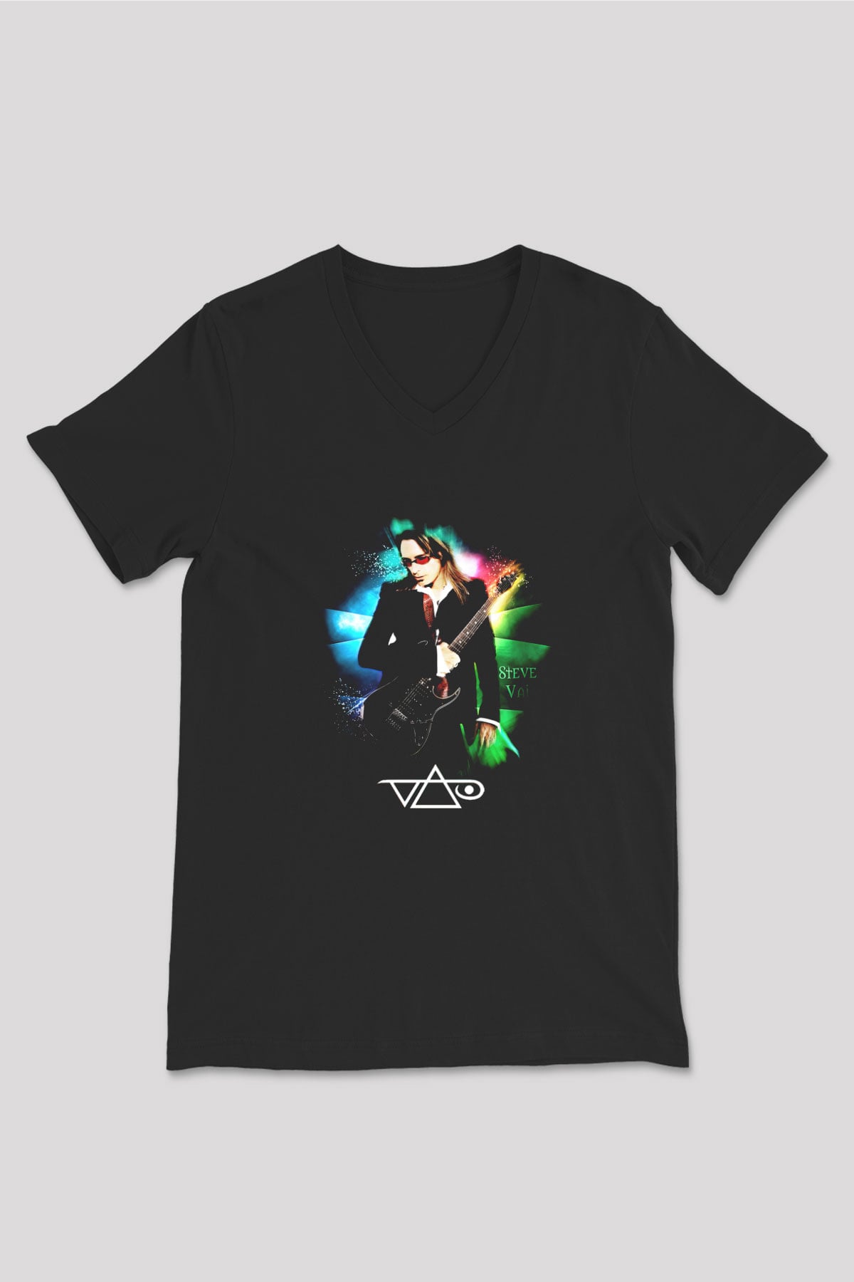 Steve Vai Baskılı Unisex Siyah V Yaka Tişört - Tshirt