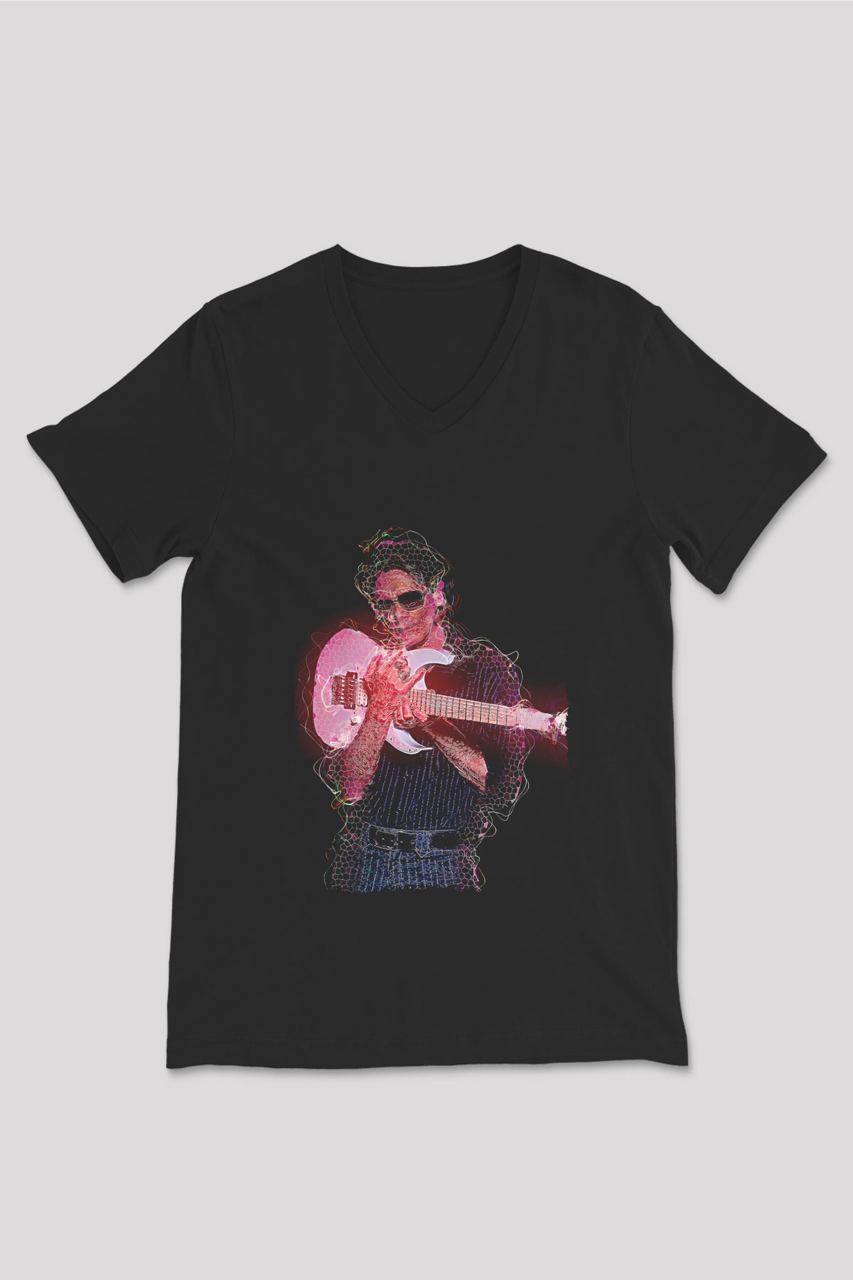 Steve Vai Baskılı Unisex Siyah V Yaka Tişört - Tshirt