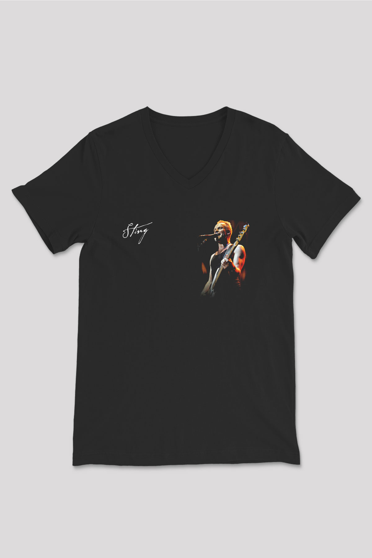 Sting Baskılı Unisex Siyah V Yaka Tişört - Tshirt