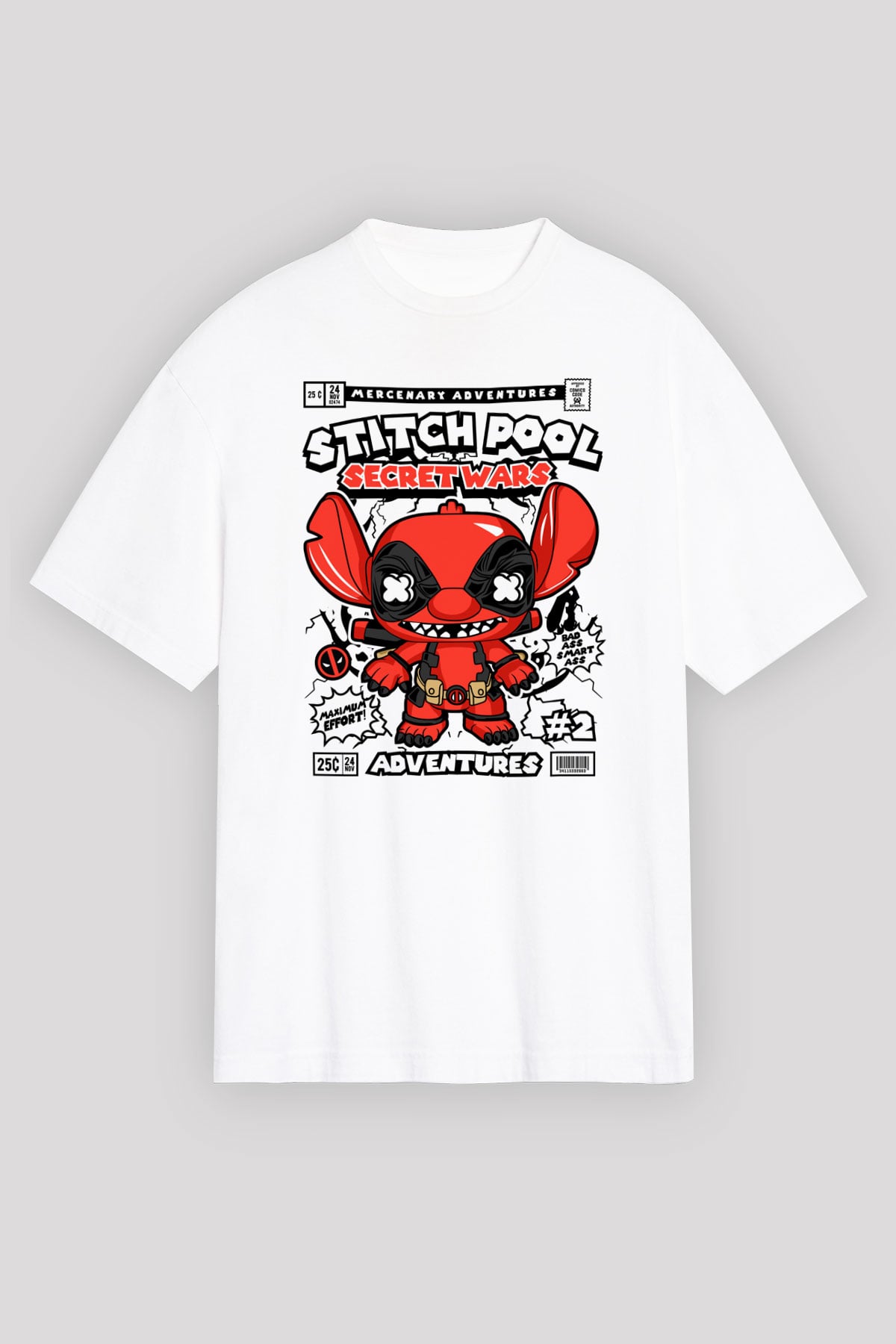 Stitch Pool Secret Wars Baskılı Unisex Beyaz Oversize Tişört
