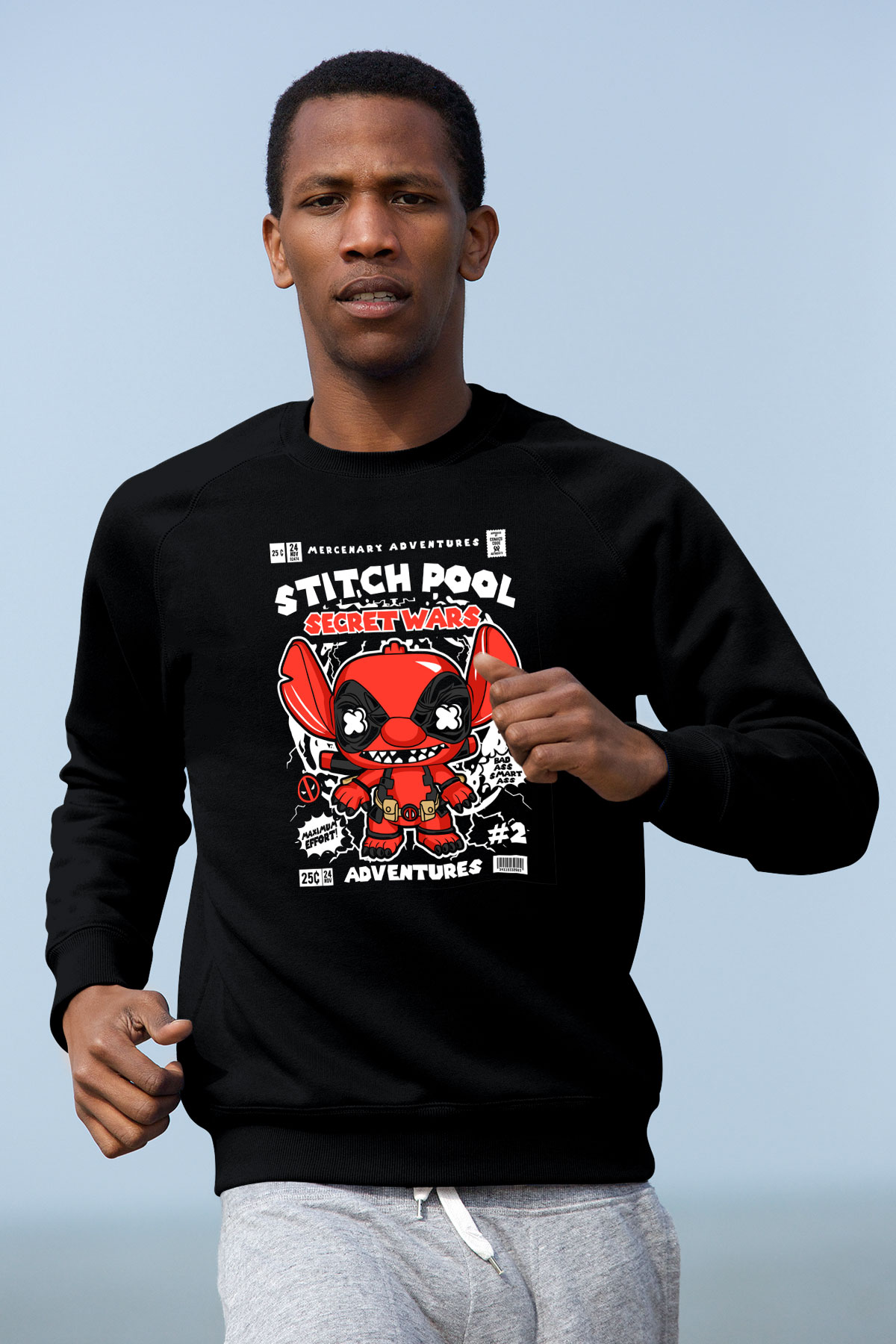 Stitch Pool Secret Wars Baskılı Unisex Siyah Sweatshirt