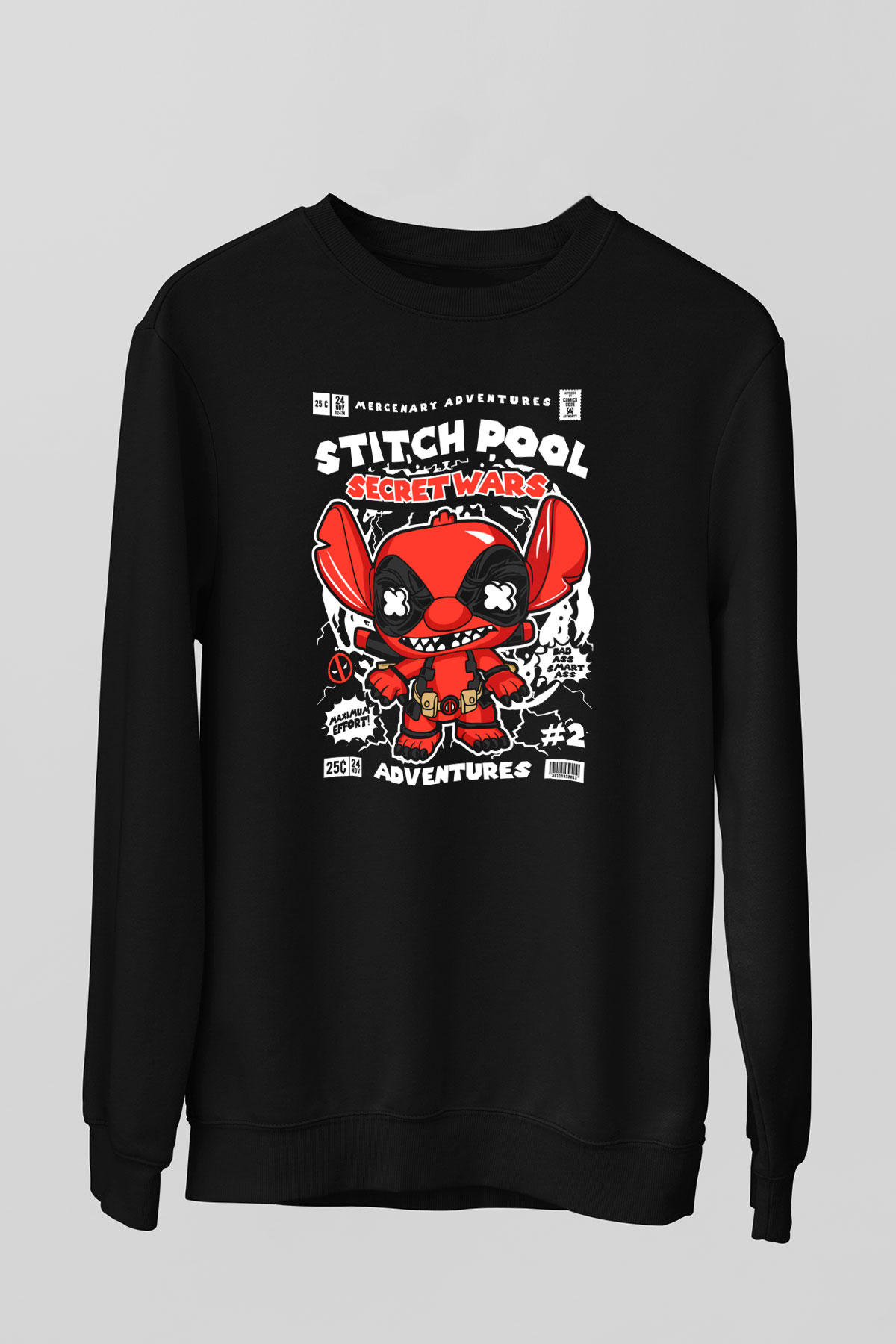 Stitch Pool Secret Wars Baskılı Unisex Siyah Sweatshirt