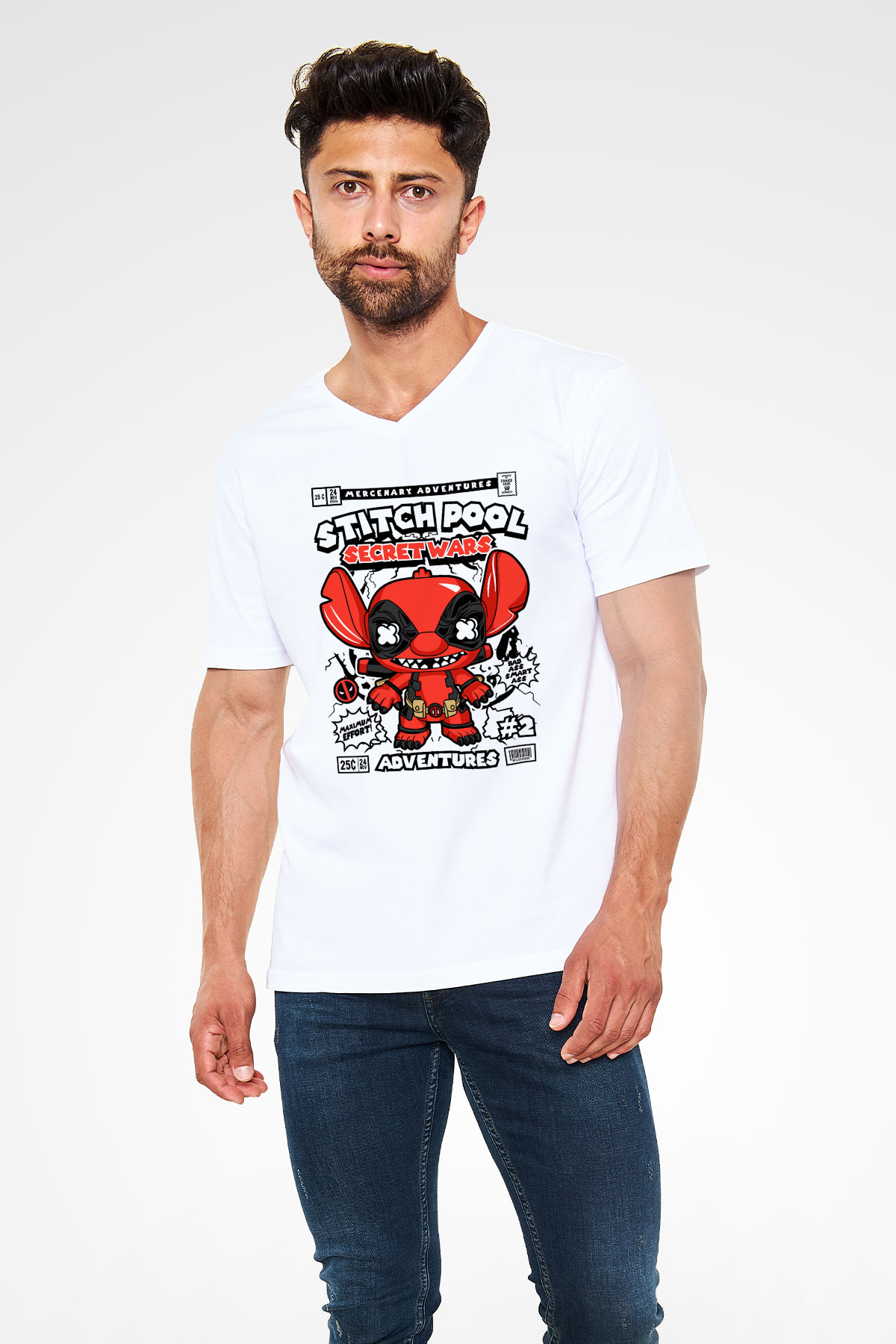 Stitch Pool Secret Wars Baskılı Unisex Beyaz V Yaka Tişört