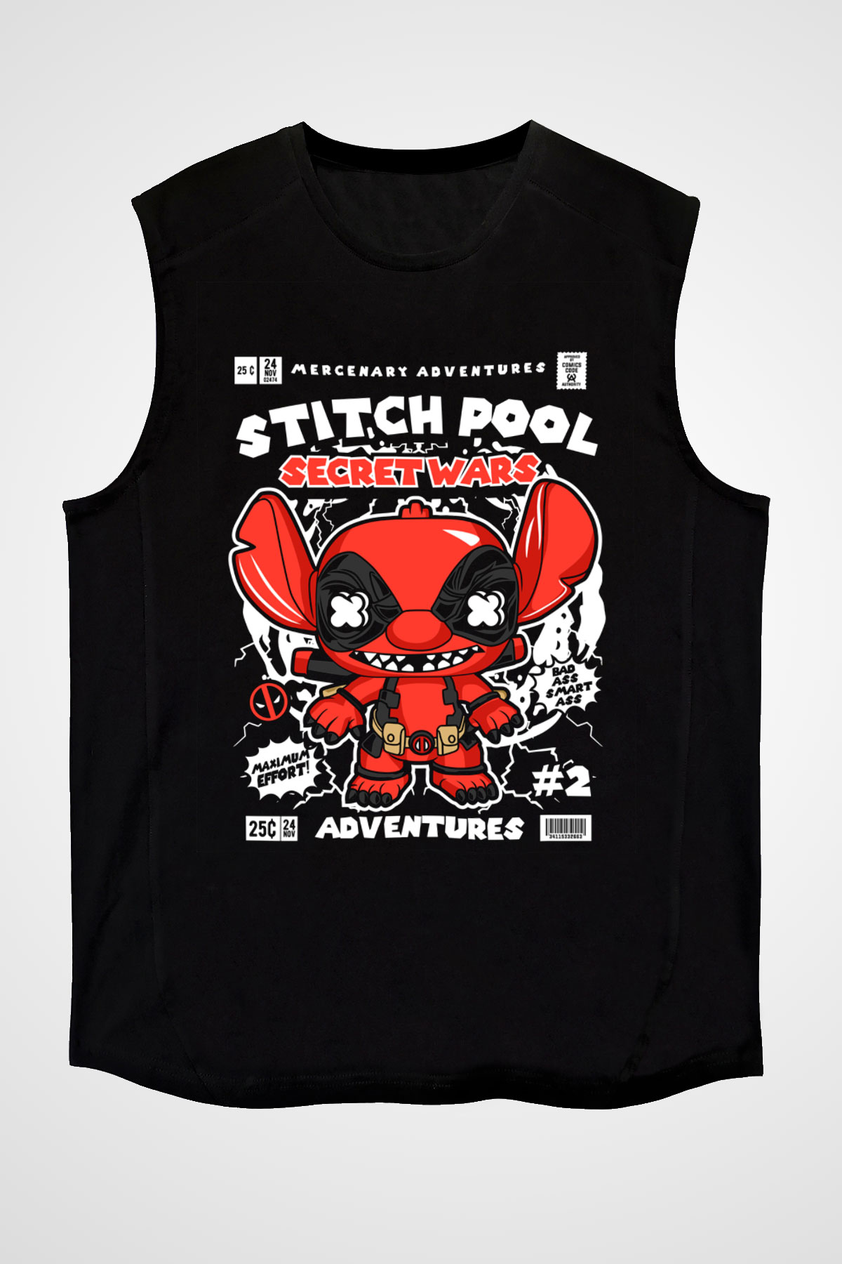 Stitch Pool Secret Wars Baskılı Unisex Siyah Kolsuz Tişört