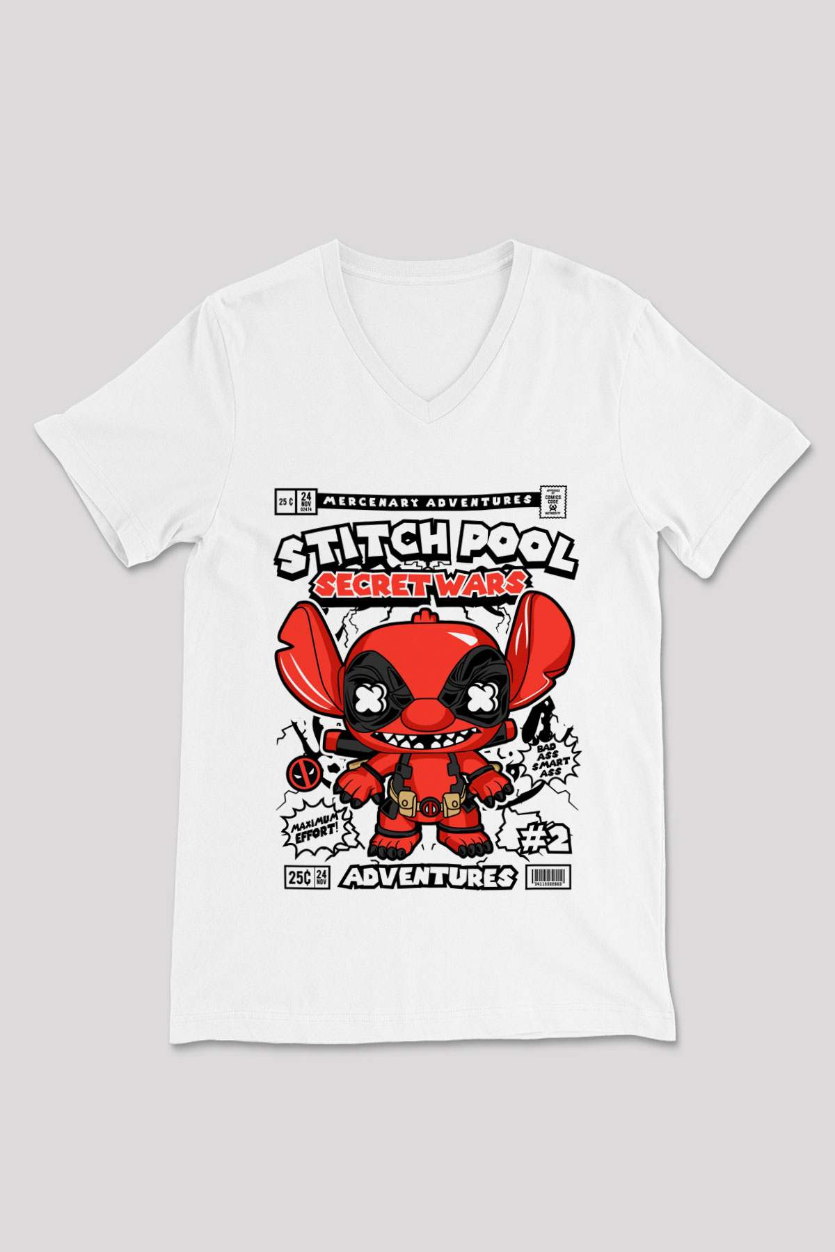 Stitch Pool Secret Wars Baskılı Unisex Beyaz V Yaka Tişört