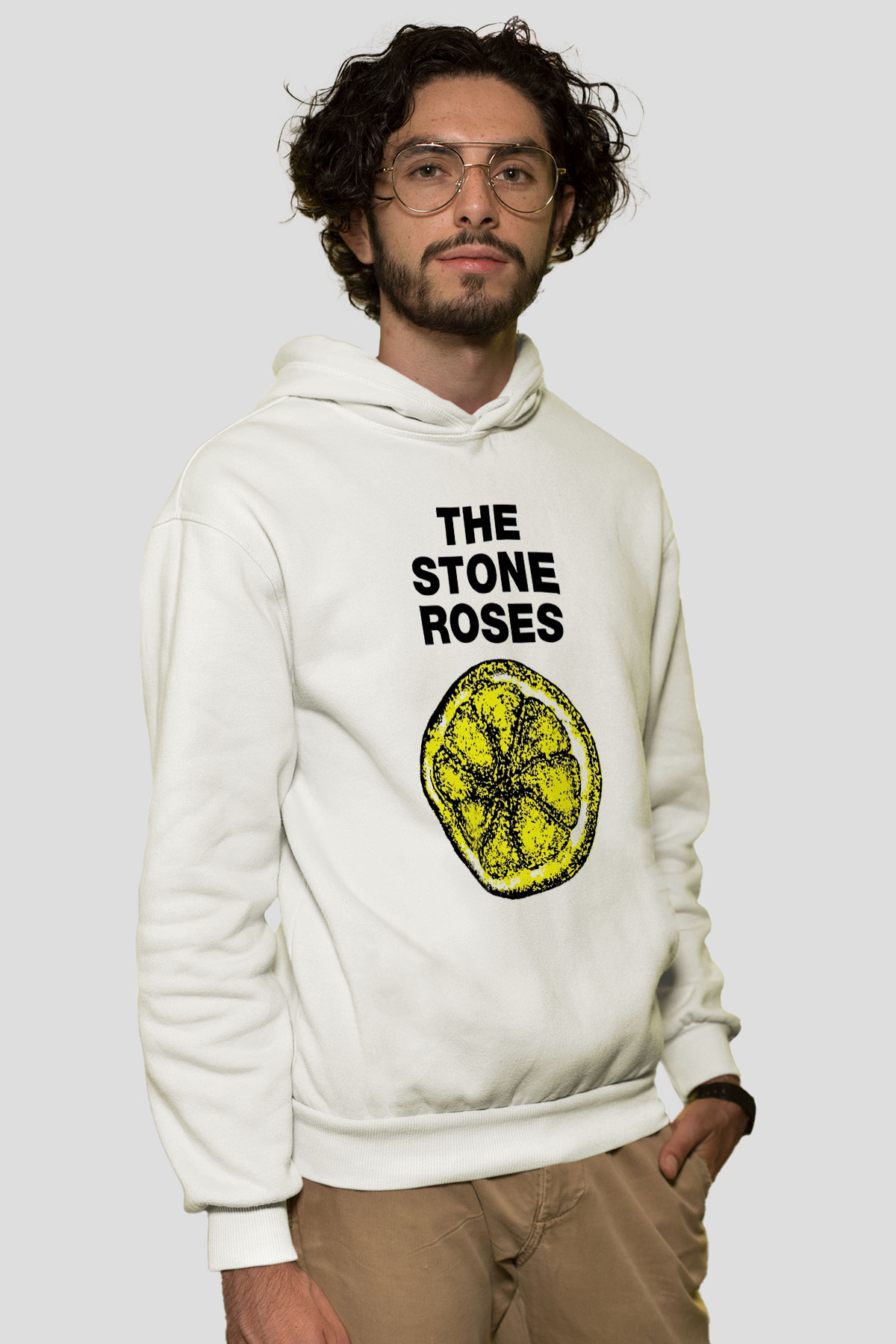 Stone Roses Baskılı Beyaz Unisex Kapüşonlu Sweatshirt