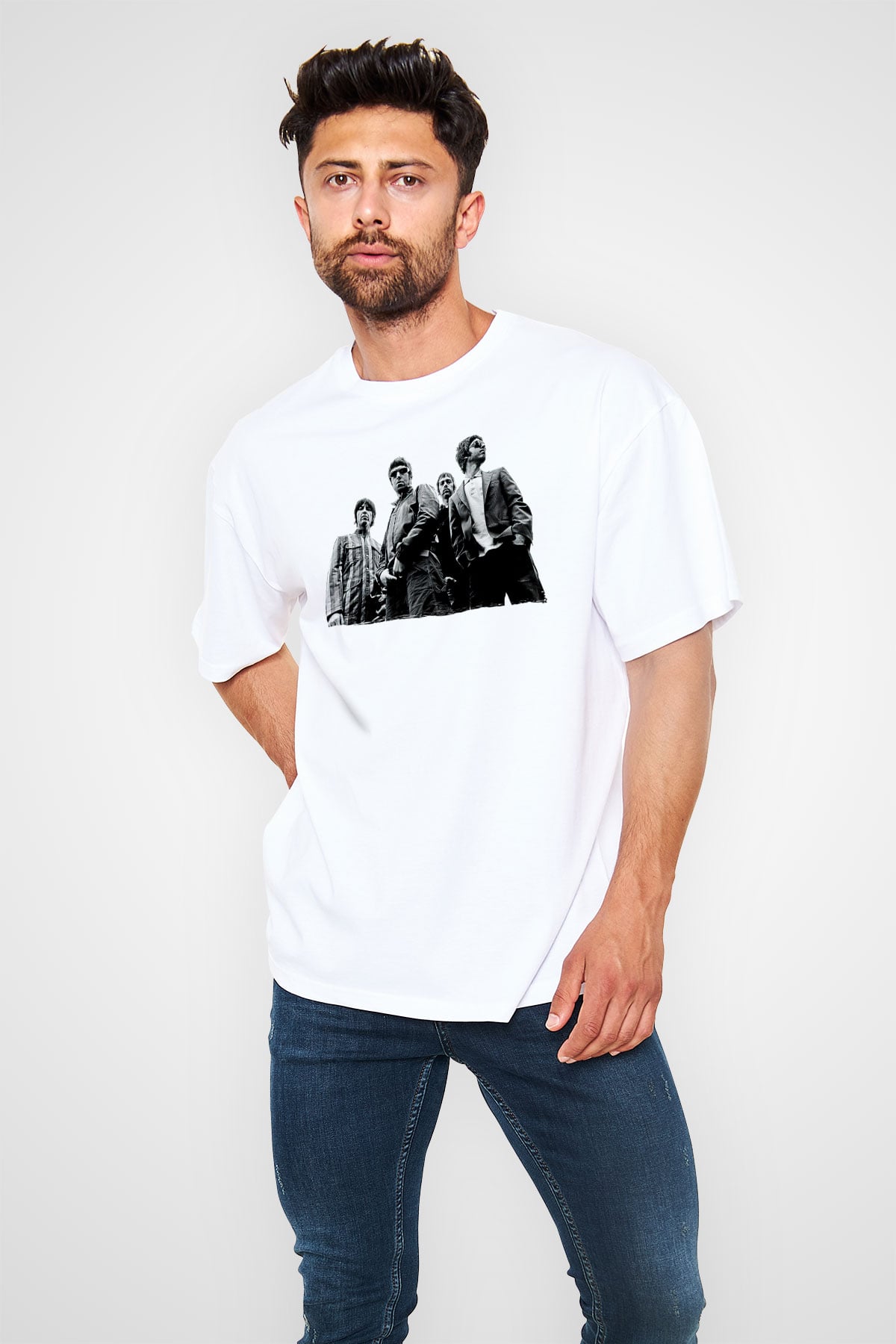 Stone Roses Baskılı Beyaz Unisex Oversize Tişört - Tshirt