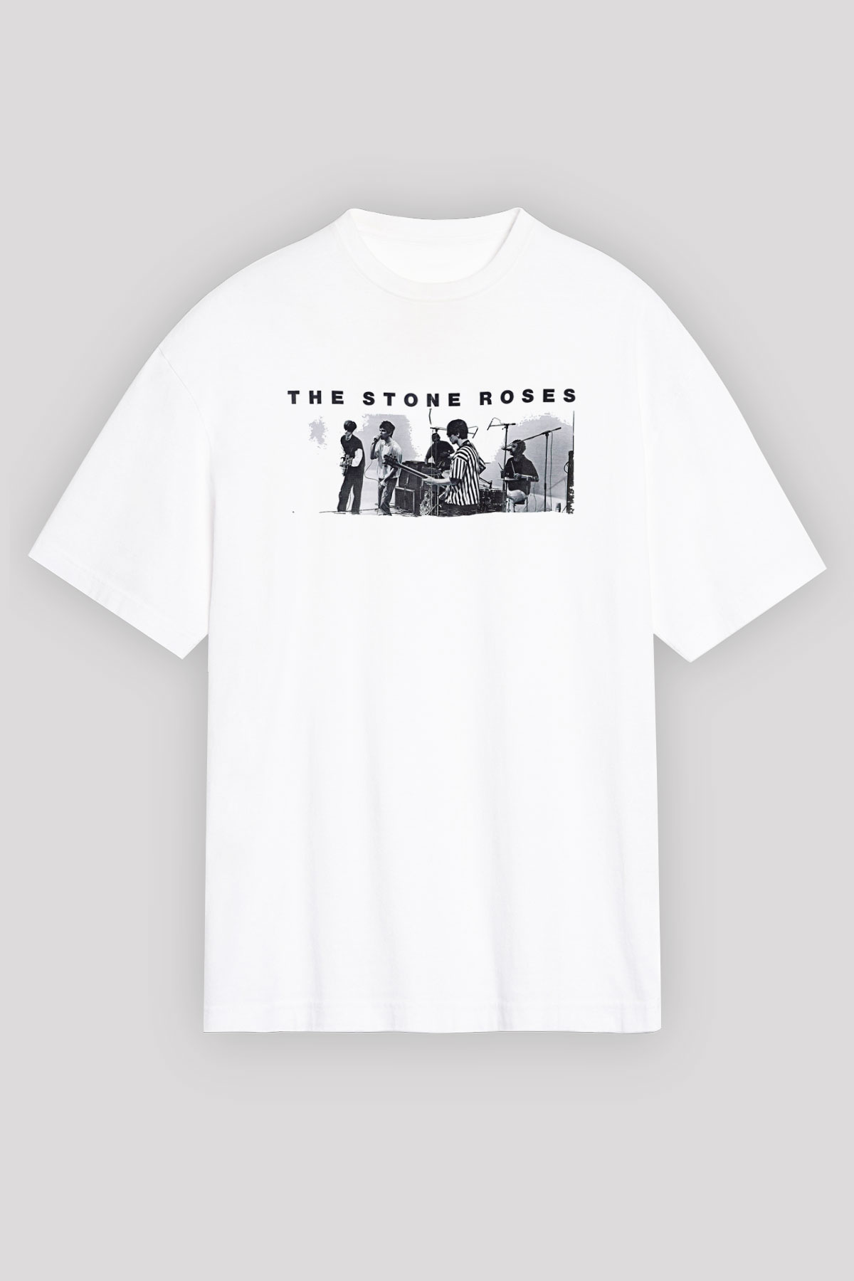 Stone Roses Baskılı Beyaz Unisex Oversize Tişört - Tshirt