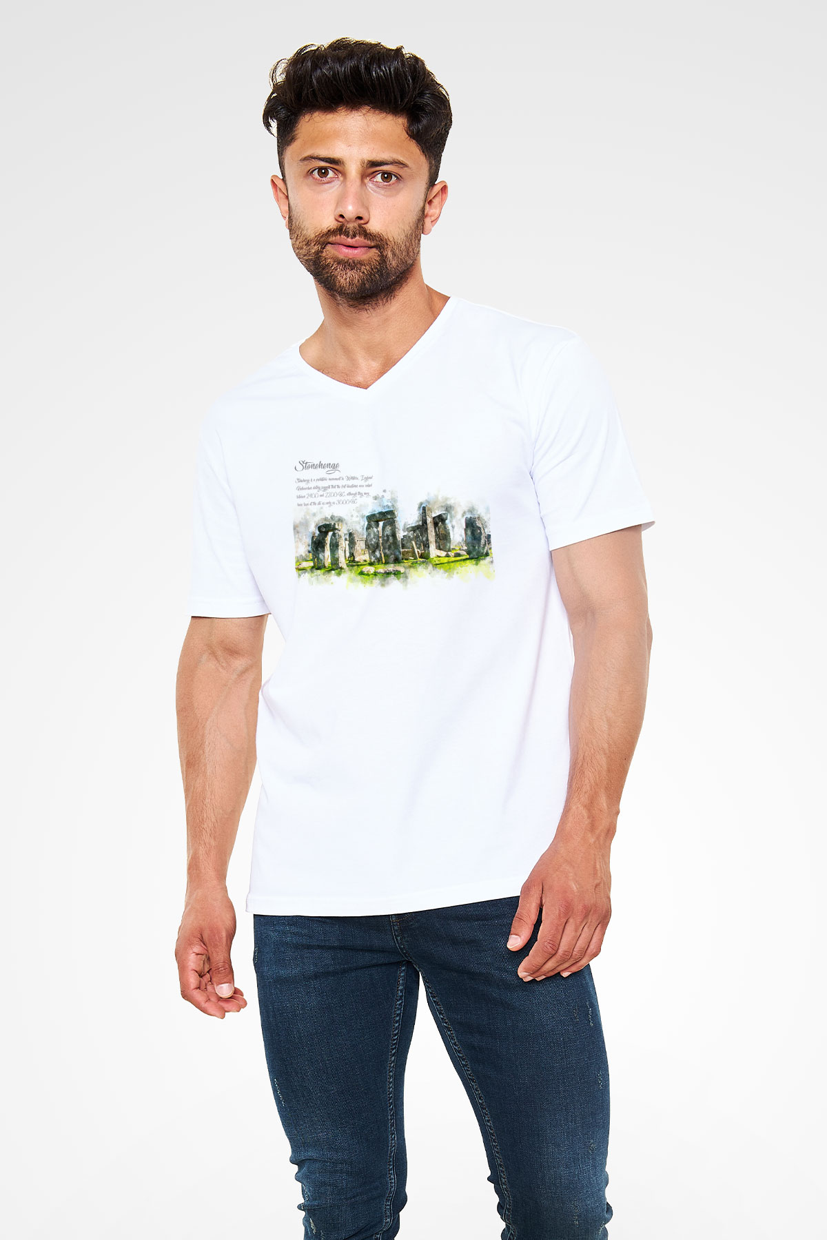 Stonehenge Beyaz Unisex V Yaka Tişört