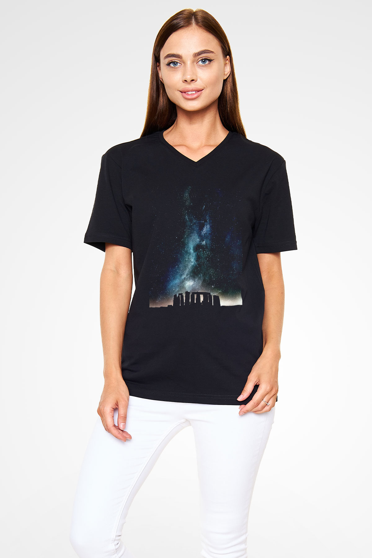 Stonehenge Siyah Unisex V Yaka Tişört