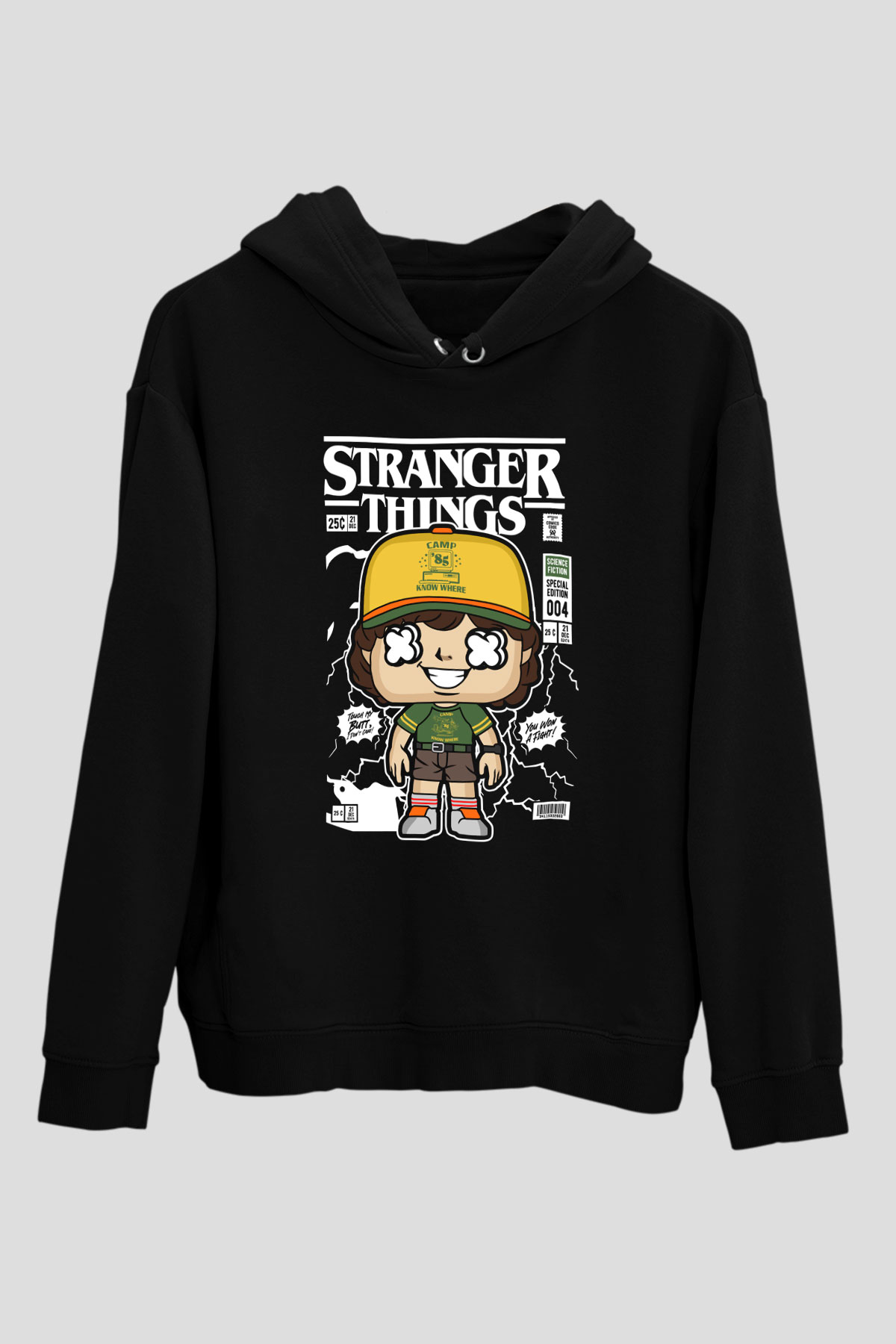 Stranger Things Baskılı Unisex Siyah Hoodie