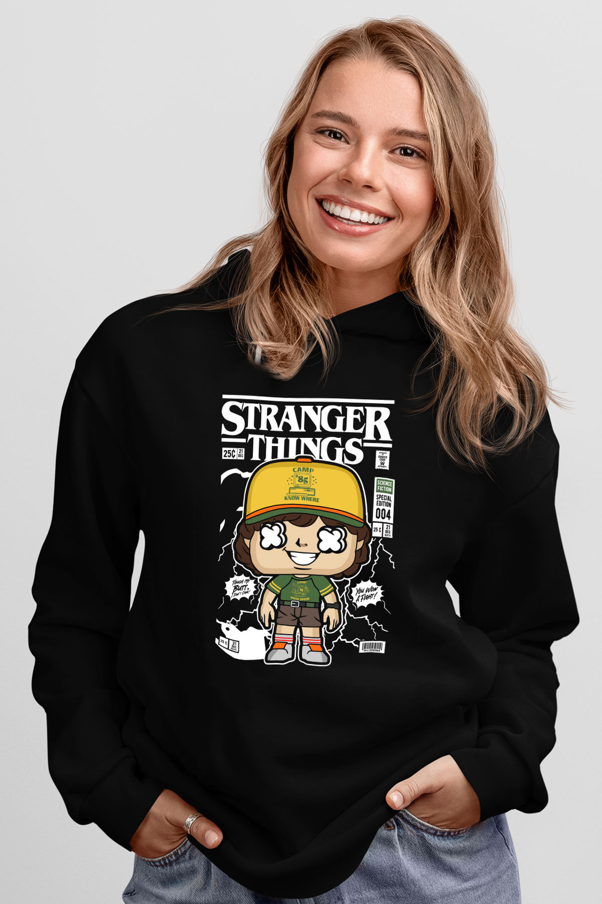 Stranger Things Baskılı Unisex Siyah Hoodie