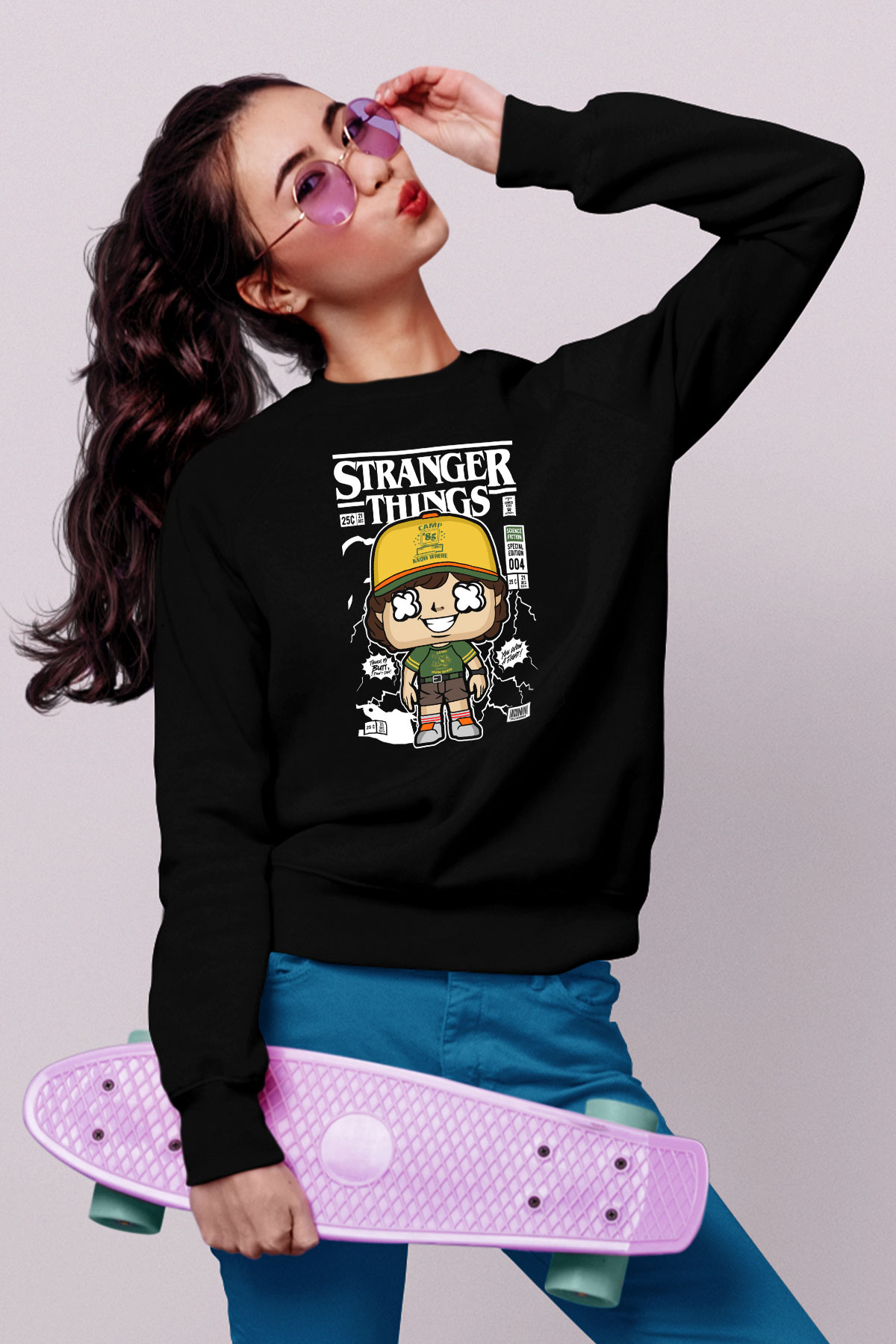 Stranger Things Baskılı Unisex Siyah Sweatshirt