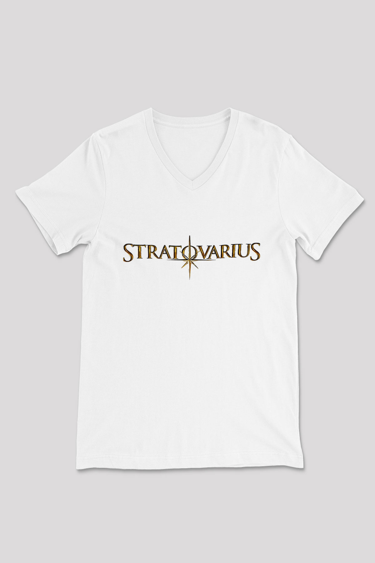Stratovarius Baskılı Beyaz Unisex V Yaka Tişört - Tshirt