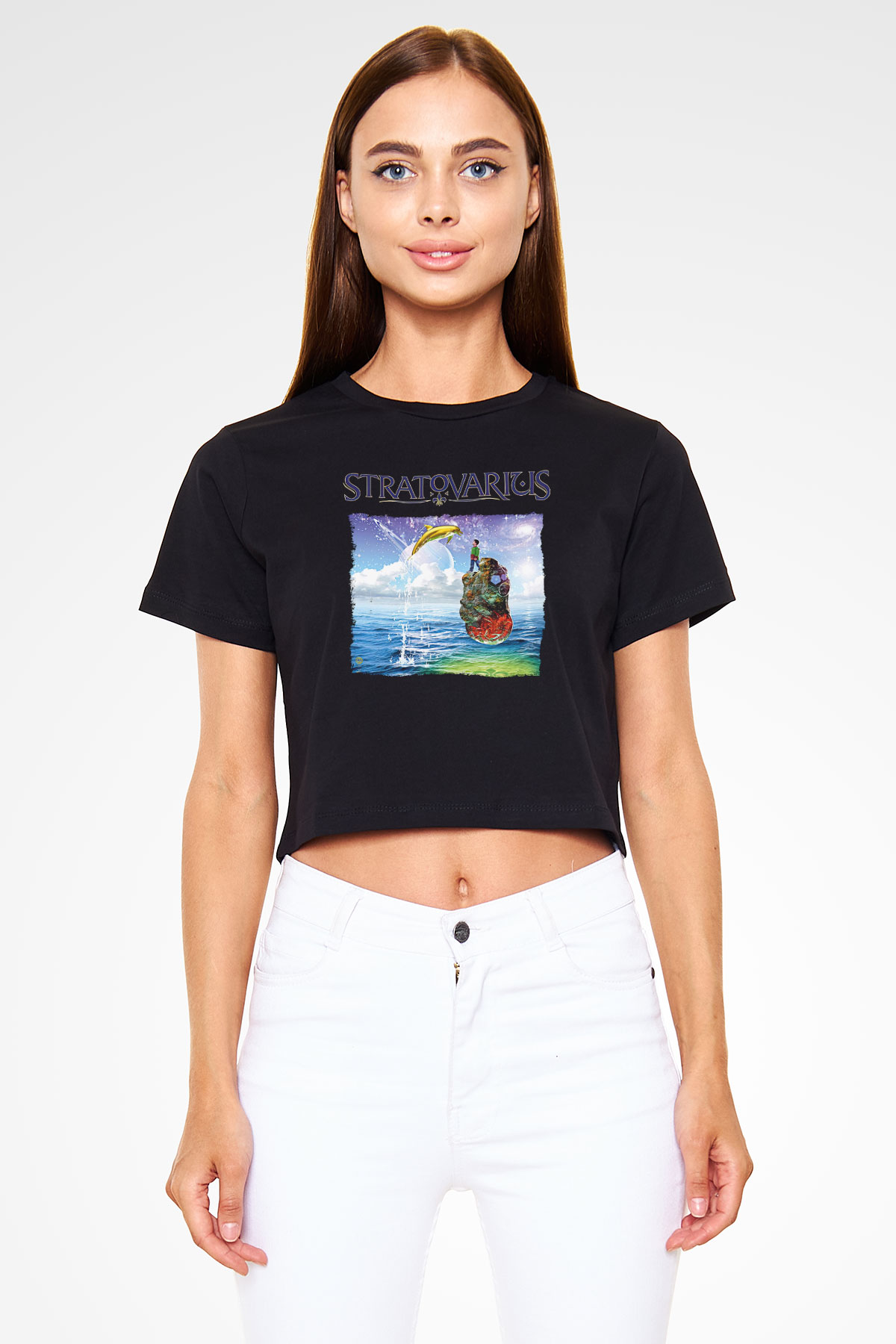 Stratovarius Baskılı Siyah Crop Top Kadın Tişört - Tshirt