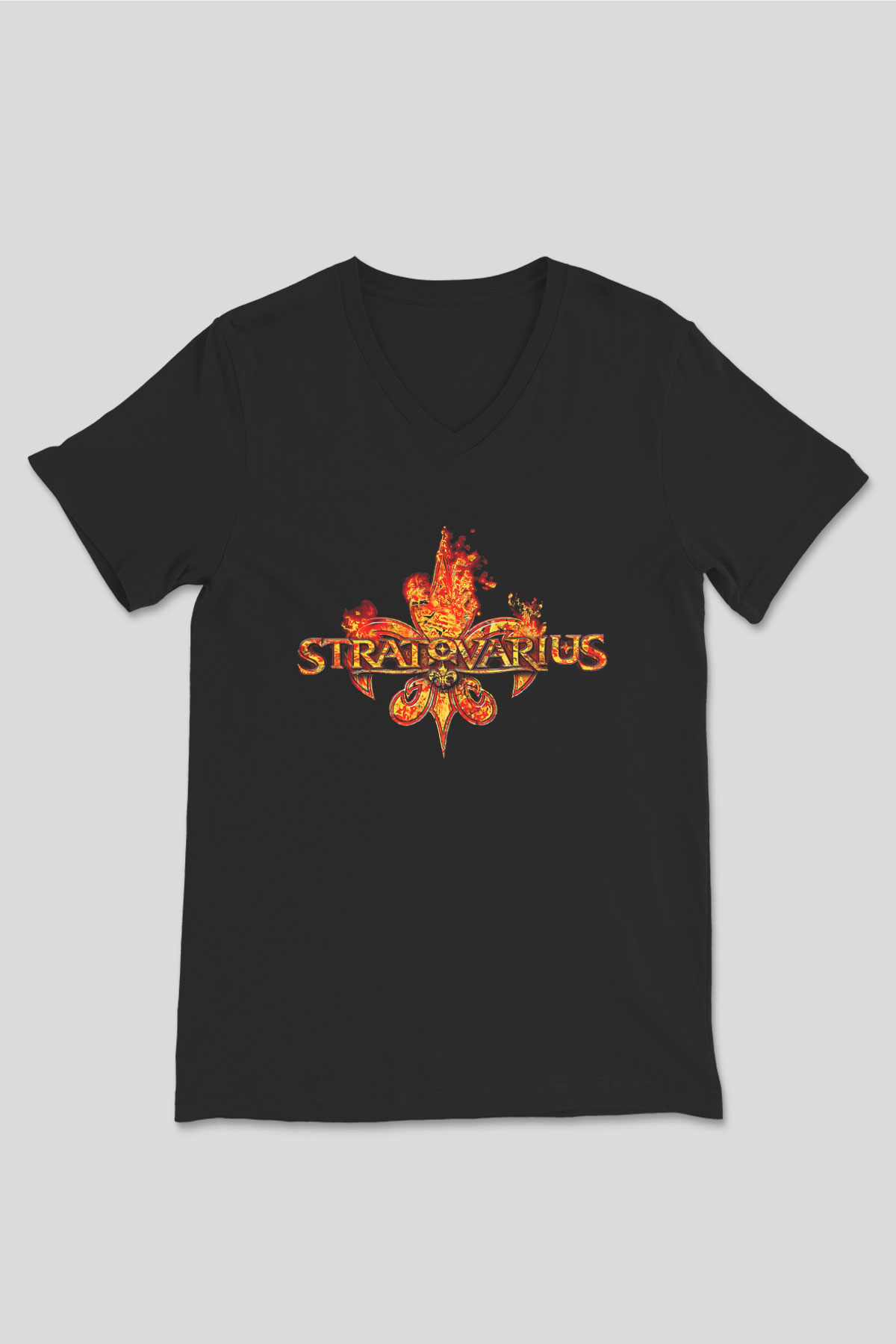 Stratovarius Baskılı Unisex Siyah V Yaka Tişört - Tshirt